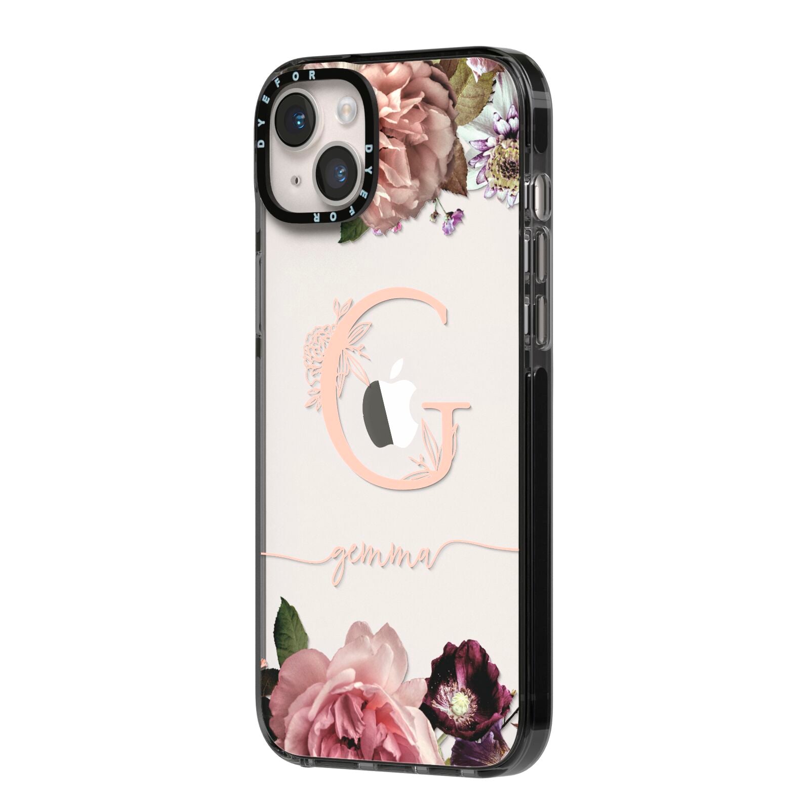 Vintage Floral Personalised iPhone 14 Plus Black Impact Case Side Angle on Silver phone
