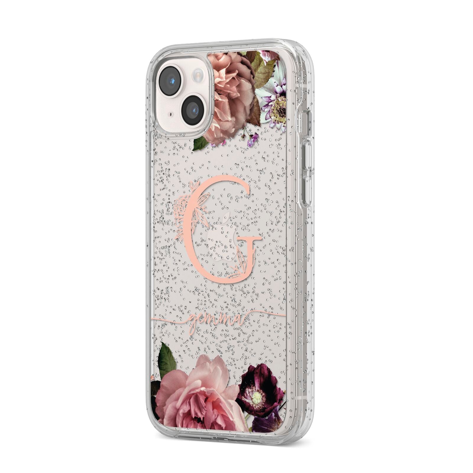Vintage Floral Personalised iPhone 14 Plus Glitter Tough Case Starlight Angled Image