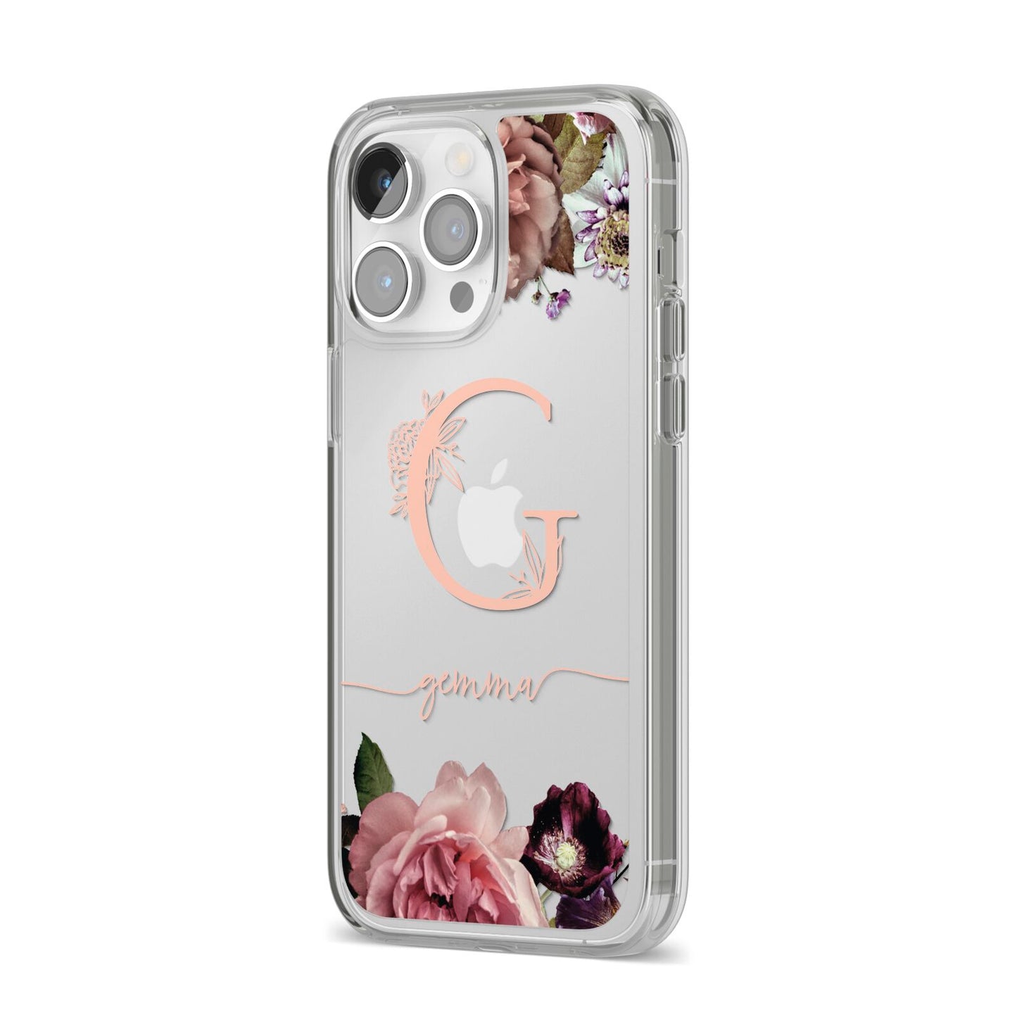Vintage Floral Personalised iPhone 14 Pro Max Clear Tough Case Silver Angled Image