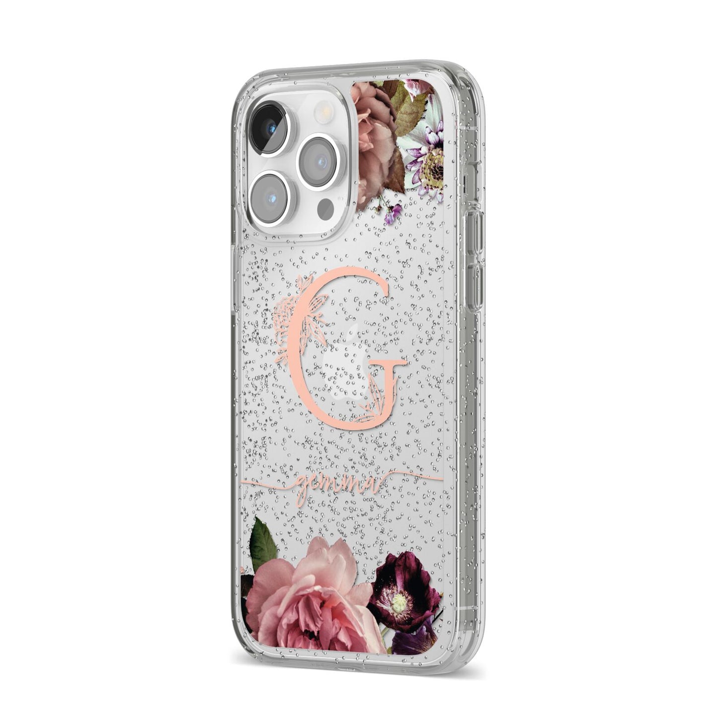 Vintage Floral Personalised iPhone 14 Pro Max Glitter Tough Case Silver Angled Image