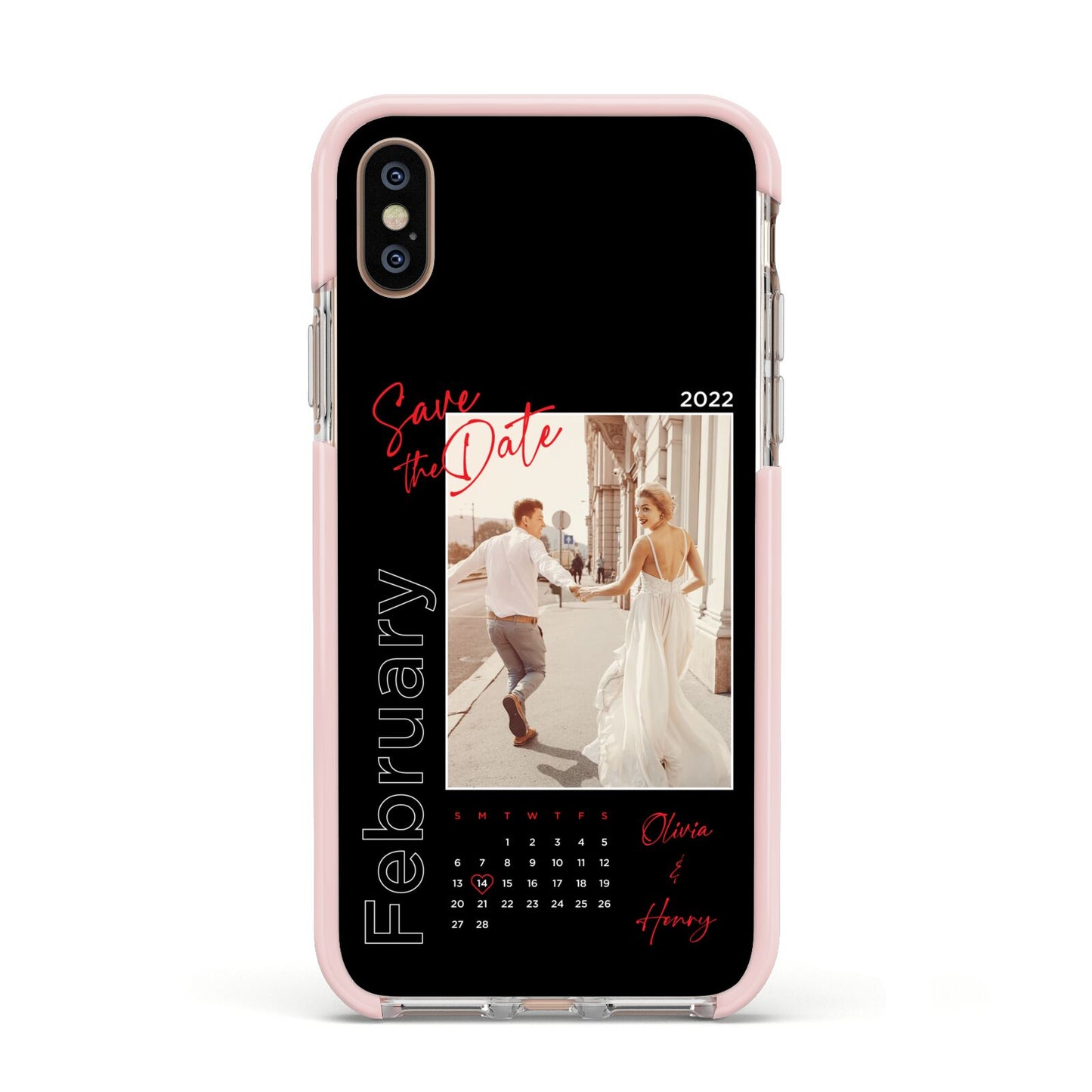 Wedding Date Personalised Photo Apple iPhone Xs Impact Case Pink Edge on Gold Phone