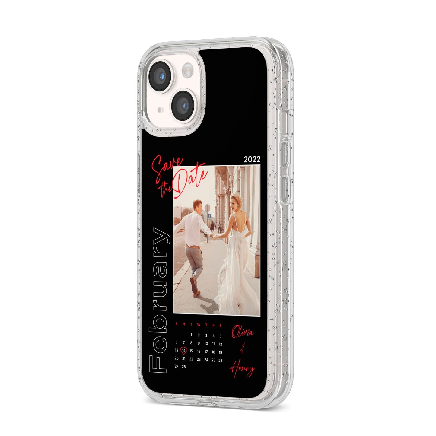 Wedding Date Personalised Photo iPhone 14 Glitter Tough Case Starlight Angled Image