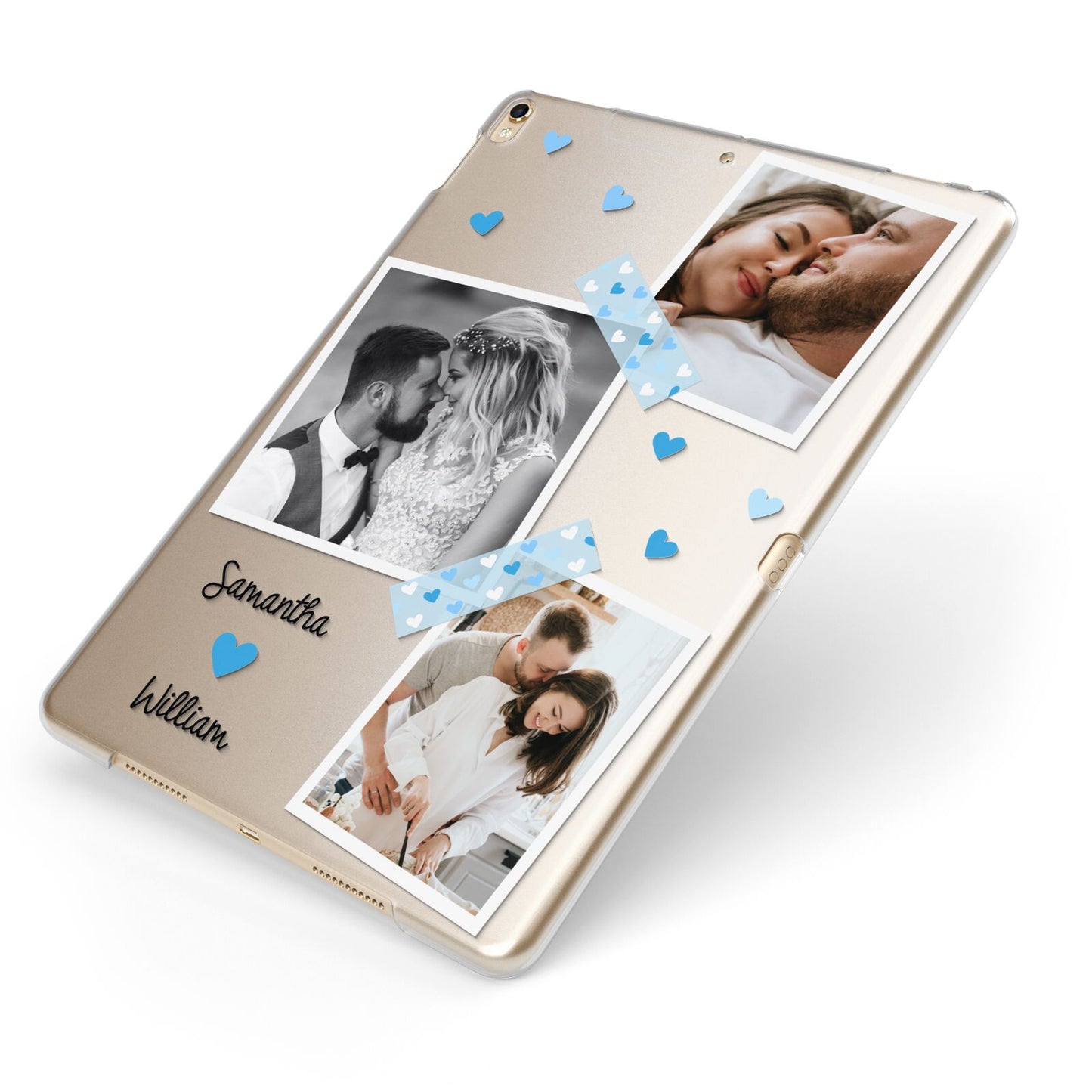 Wedding Snaps Collage with Blue Hearts and Name Apple iPad Case on Gold iPad Side View