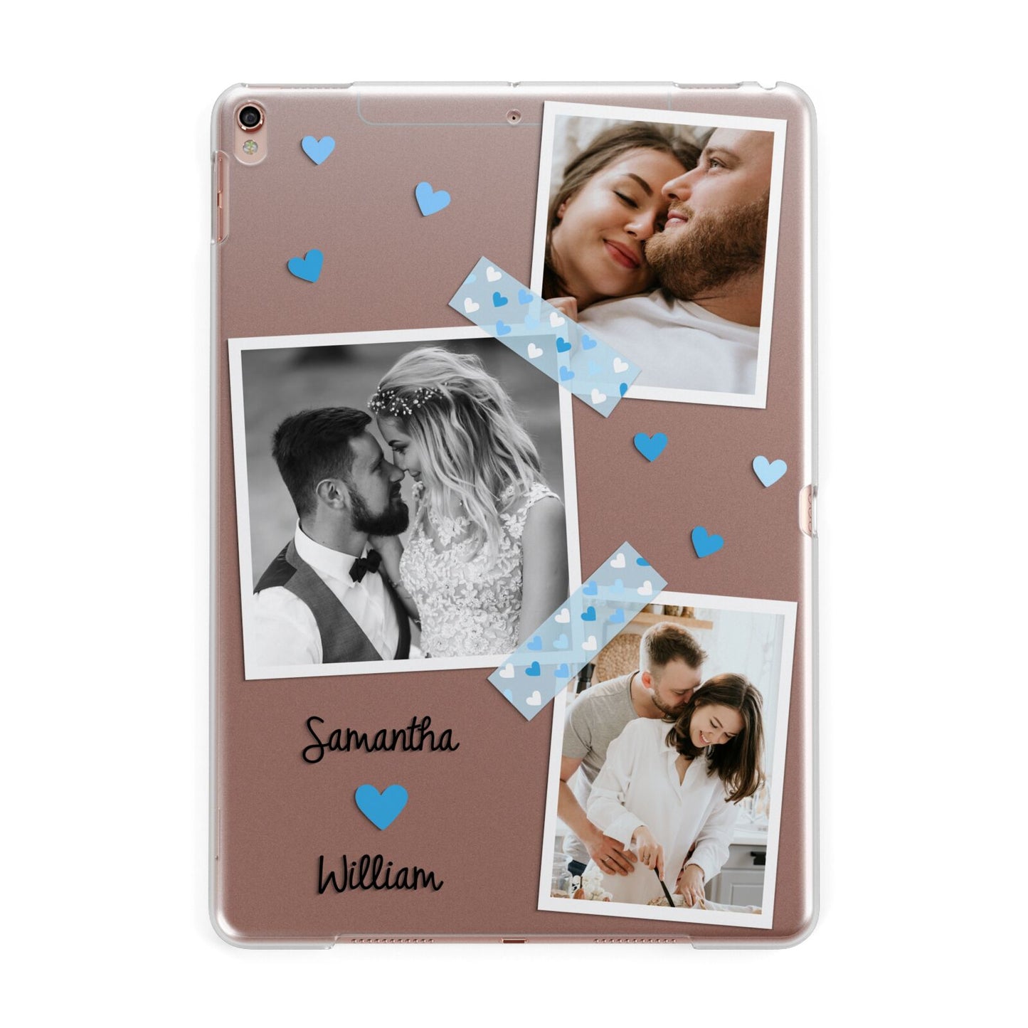 Wedding Snaps Collage with Blue Hearts and Name Apple iPad Rose Gold Case