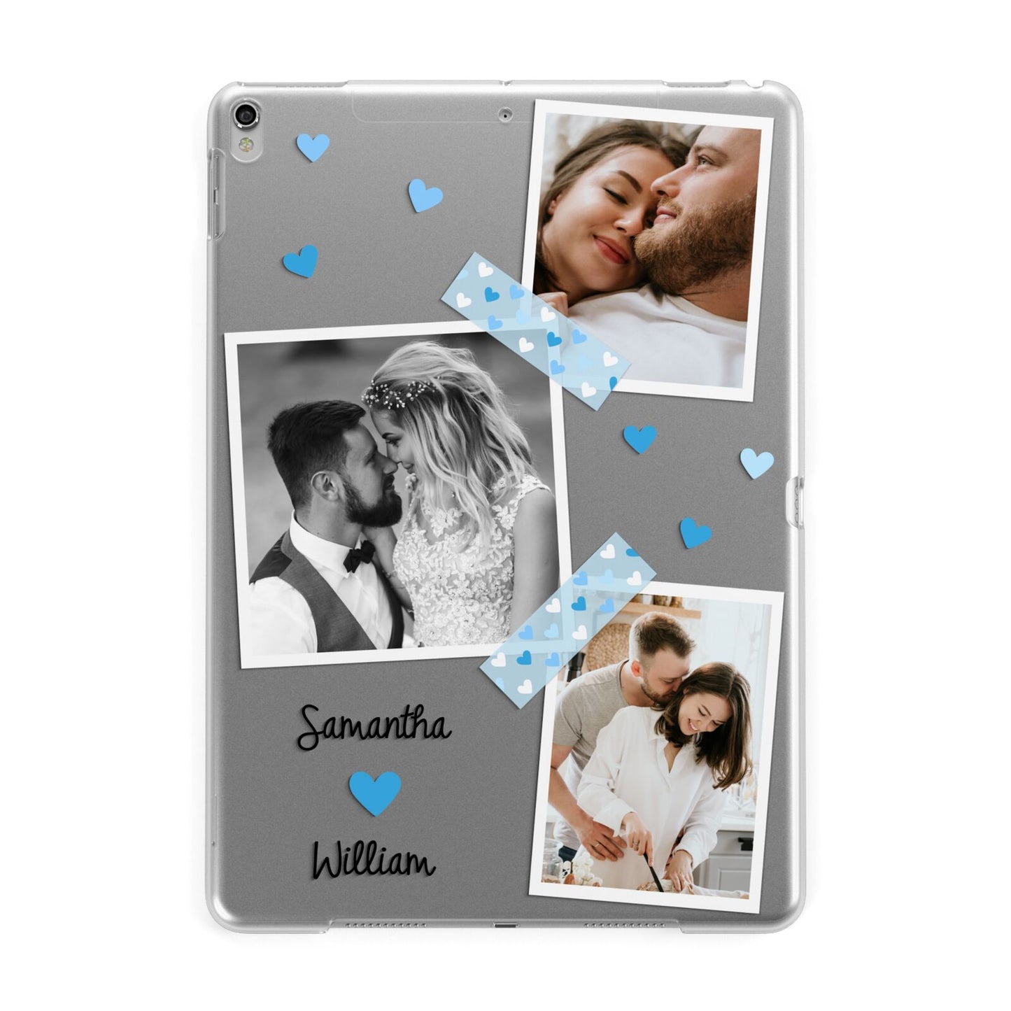 Wedding Snaps Collage with Blue Hearts and Name Apple iPad Silver Case
