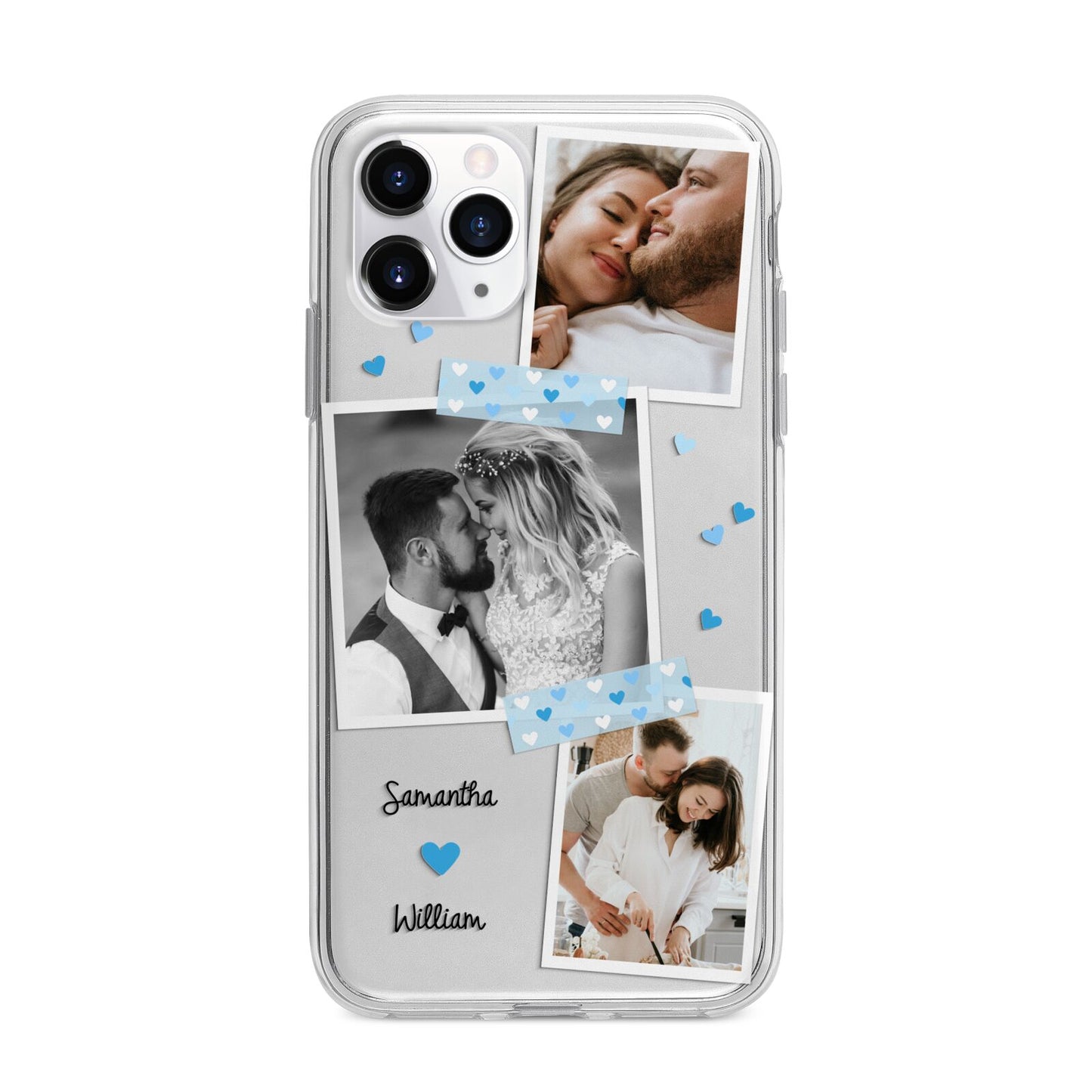 Wedding Snaps Collage with Blue Hearts and Name Apple iPhone 11 Pro in Silver with Bumper Case