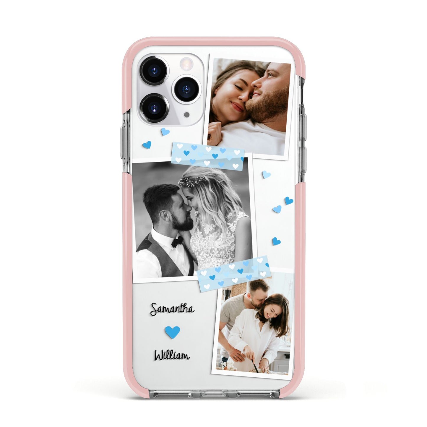 Wedding Snaps Collage with Blue Hearts and Name Apple iPhone 11 Pro in Silver with Pink Impact Case