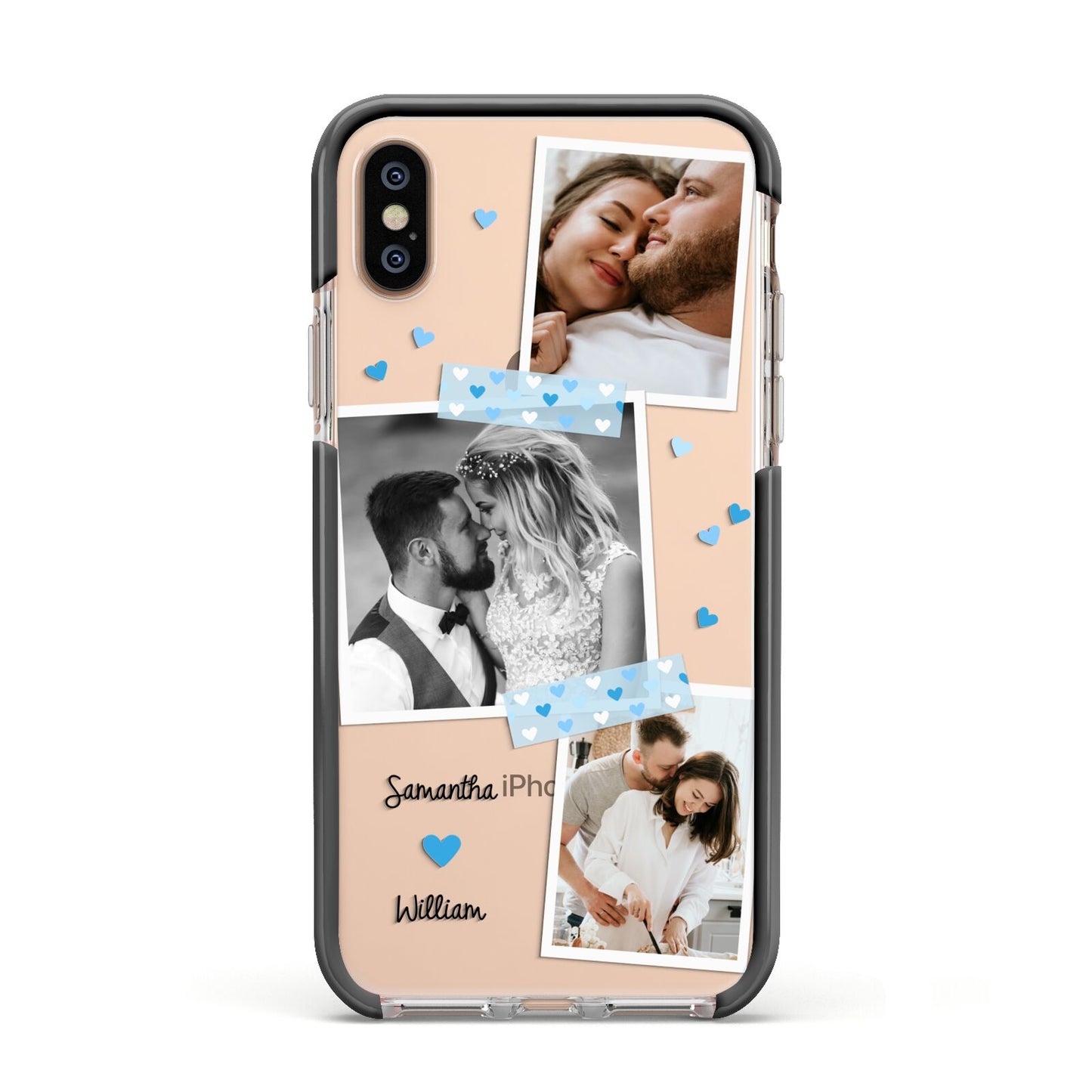 Wedding Snaps Collage with Blue Hearts and Name Apple iPhone Xs Impact Case Black Edge on Gold Phone
