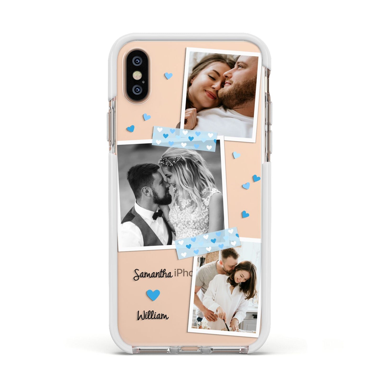 Wedding Snaps Collage with Blue Hearts and Name Apple iPhone Xs Impact Case White Edge on Gold Phone