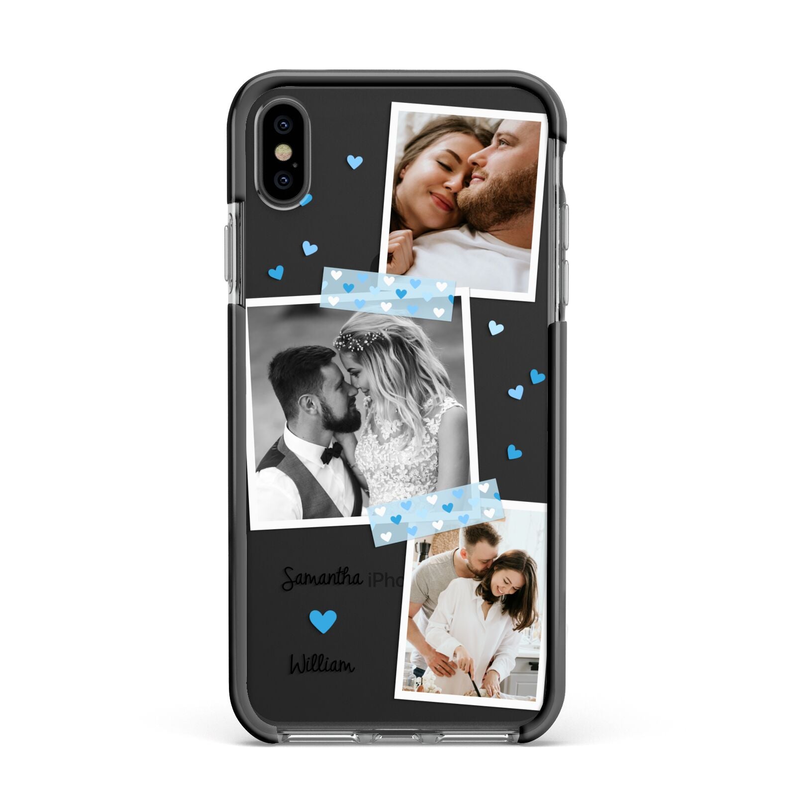 Wedding Snaps Collage with Blue Hearts and Name Apple iPhone Xs Max Impact Case Black Edge on Black Phone