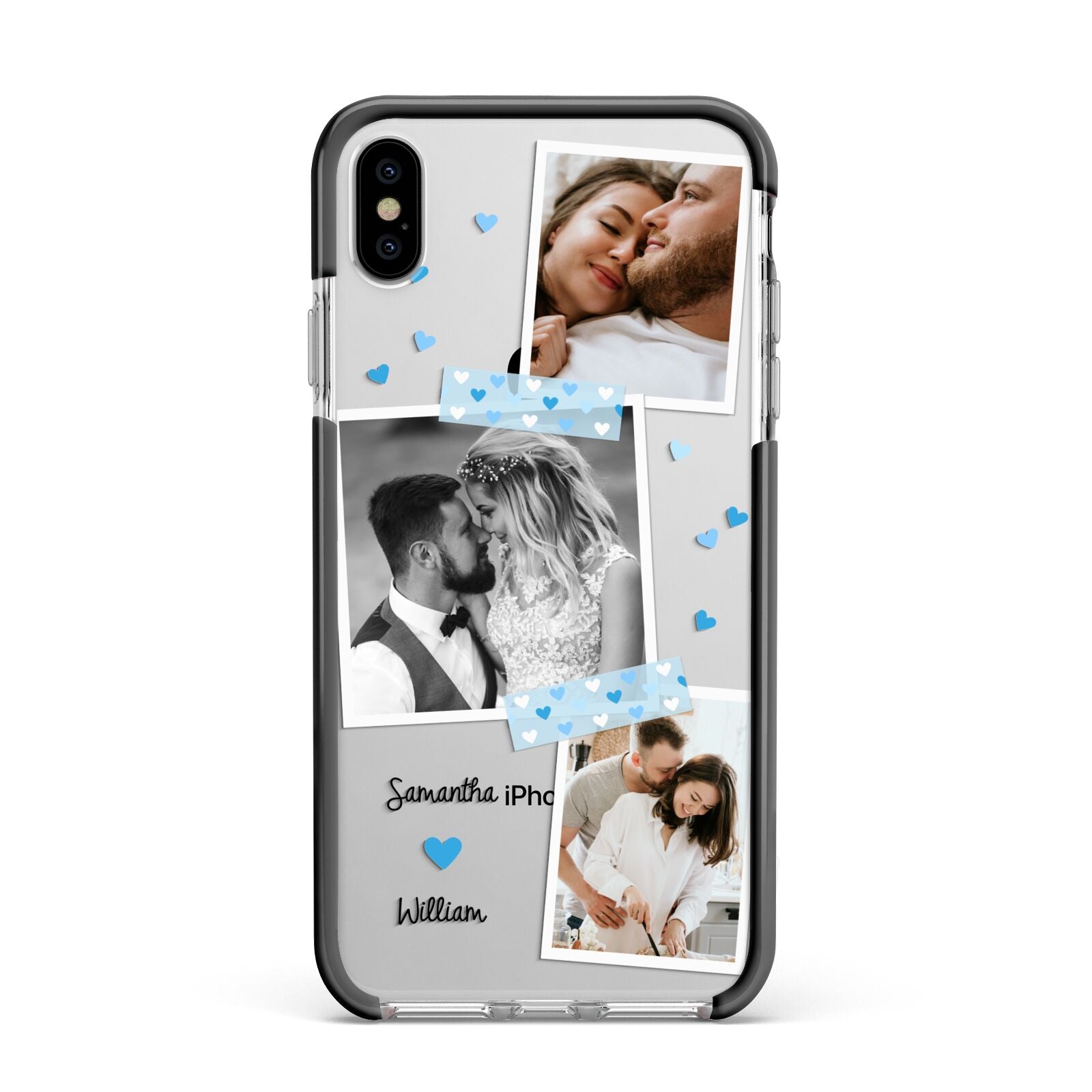 Wedding Snaps Collage with Blue Hearts and Name Apple iPhone Xs Max Impact Case Black Edge on Silver Phone