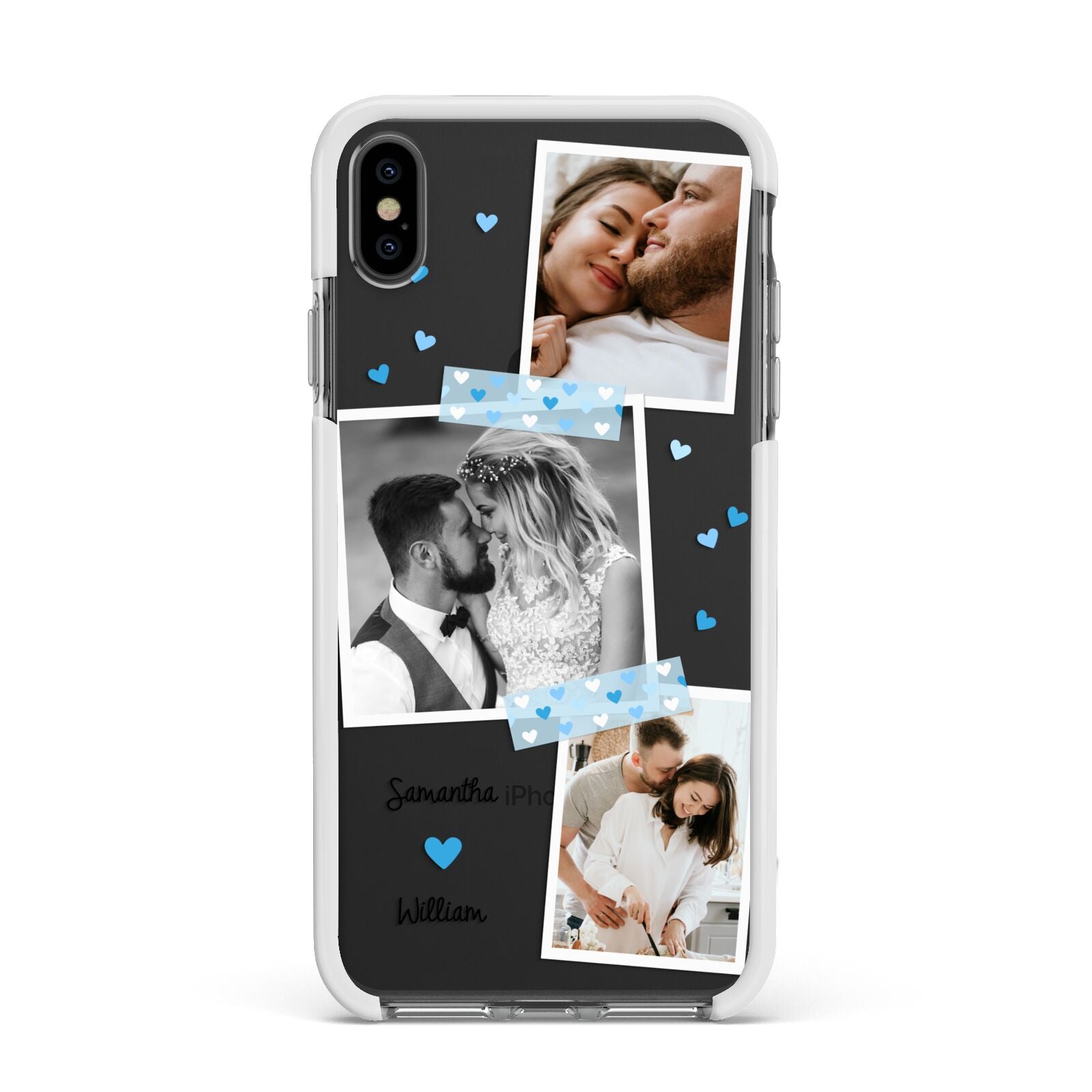 Wedding Snaps Collage with Blue Hearts and Name Apple iPhone Xs Max Impact Case White Edge on Black Phone