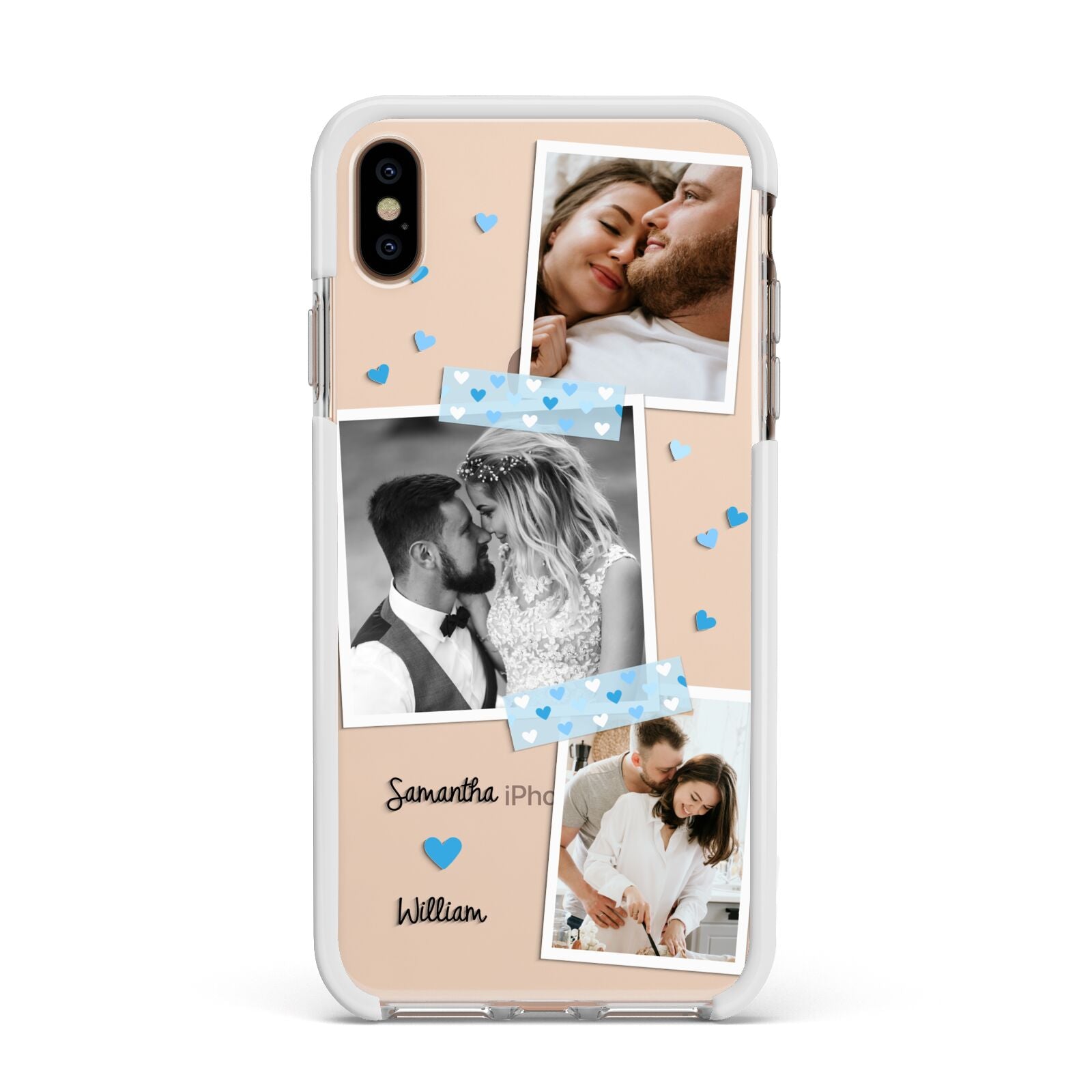 Wedding Snaps Collage with Blue Hearts and Name Apple iPhone Xs Max Impact Case White Edge on Gold Phone