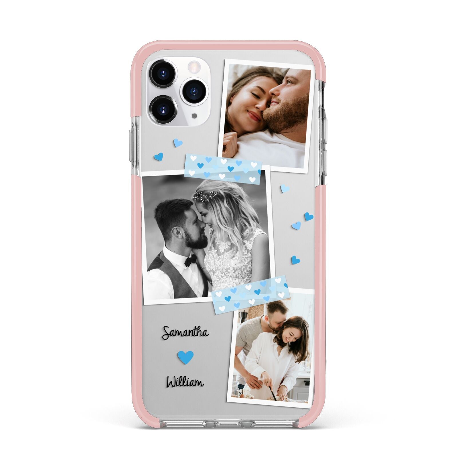 Wedding Snaps Collage with Blue Hearts and Name iPhone 11 Pro Max Impact Pink Edge Case
