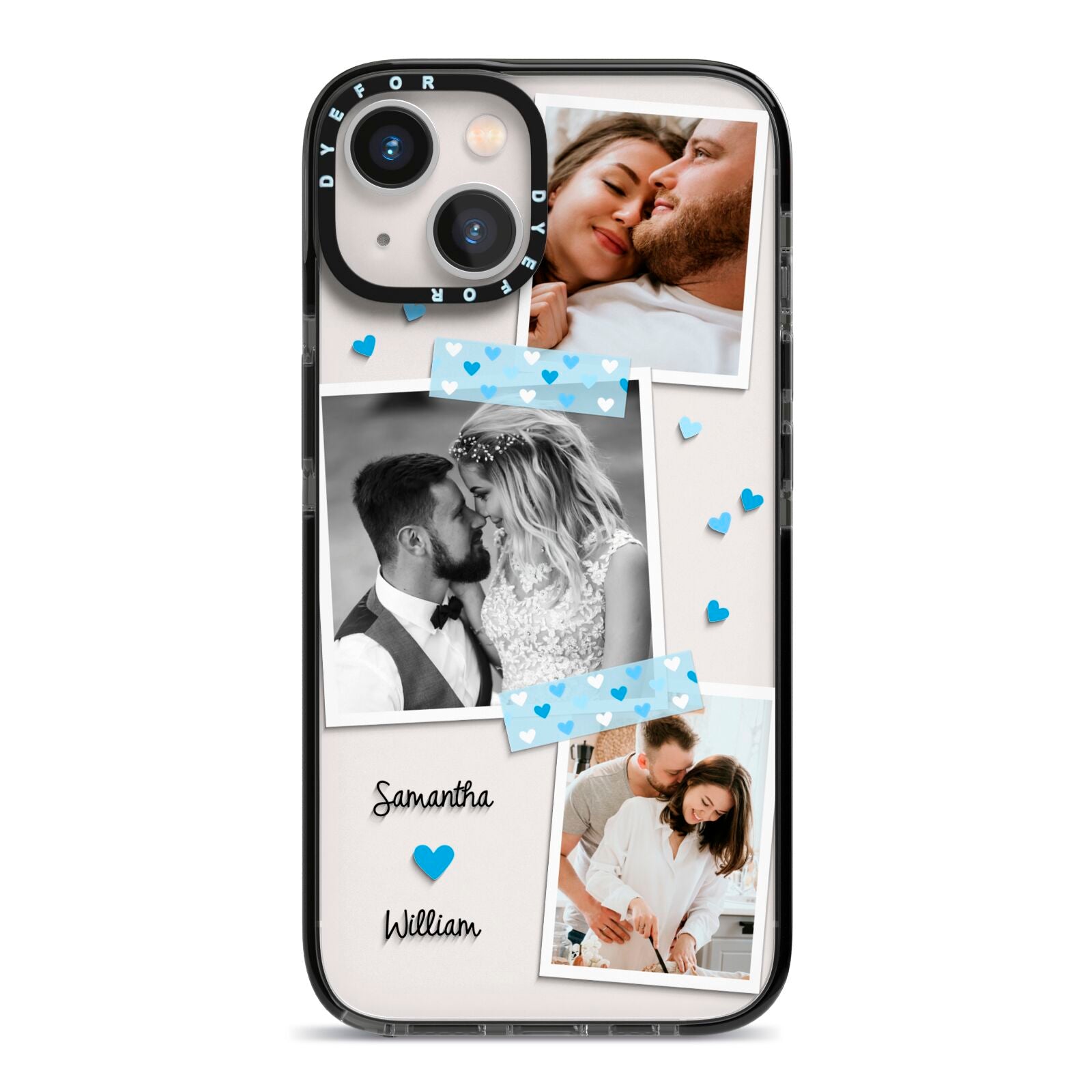 Wedding Snaps Collage with Blue Hearts and Name iPhone 13 Black Impact Case on Silver phone