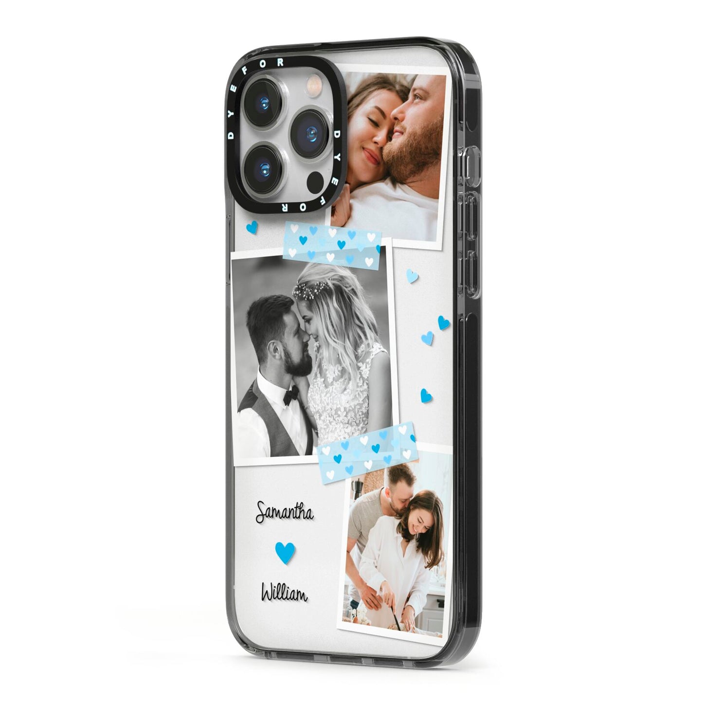Wedding Snaps Collage with Blue Hearts and Name iPhone 13 Pro Max Black Impact Case Side Angle on Silver phone