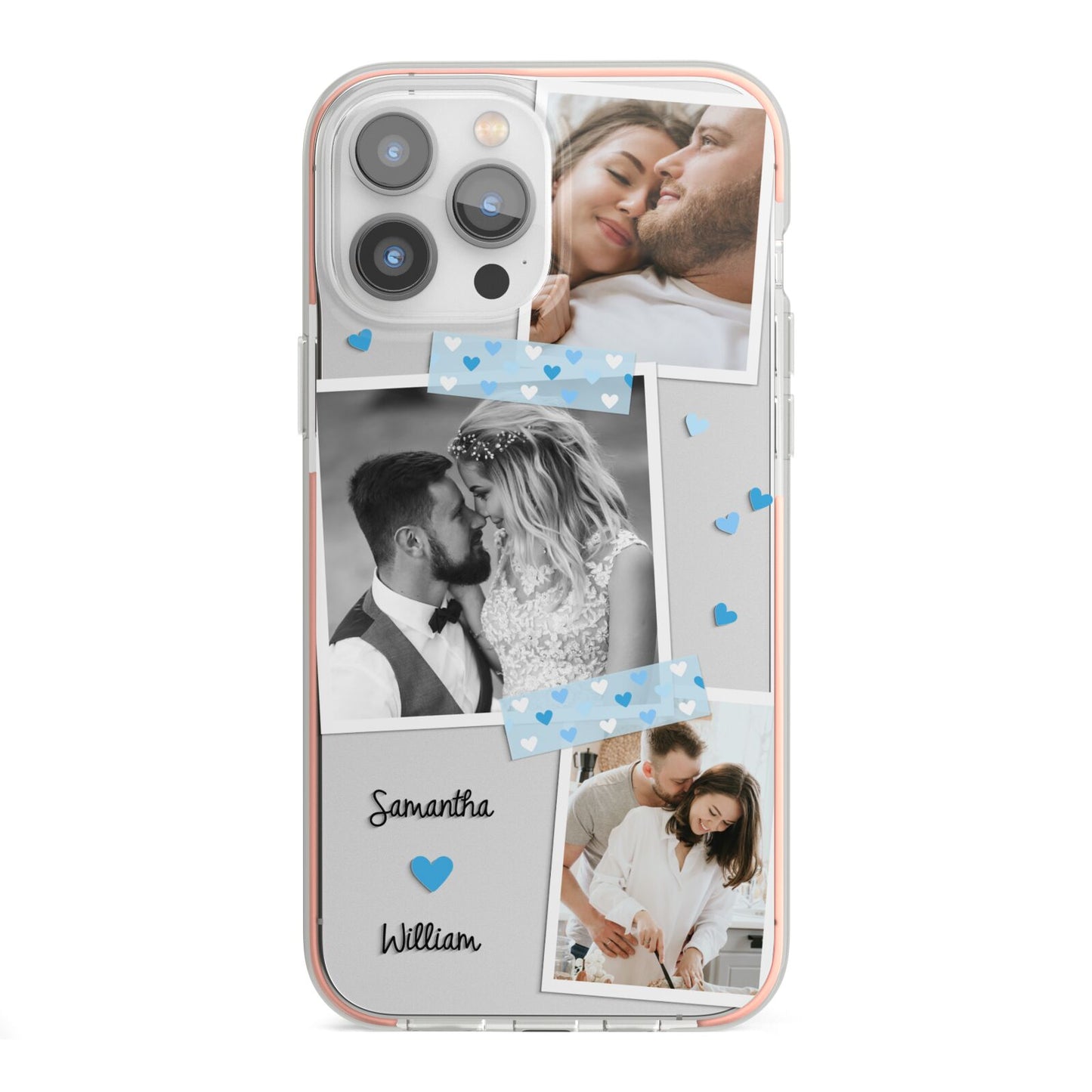 Wedding Snaps Collage with Blue Hearts and Name iPhone 13 Pro Max TPU Impact Case with Pink Edges