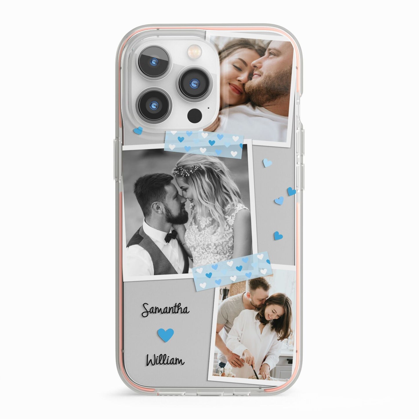 Wedding Snaps Collage with Blue Hearts and Name iPhone 13 Pro TPU Impact Case with Pink Edges