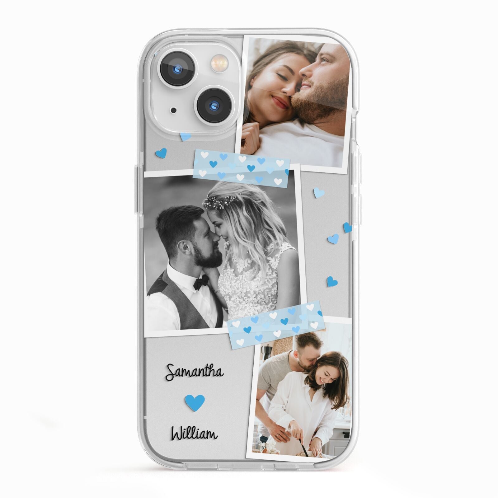 Wedding Snaps Collage with Blue Hearts and Name iPhone 13 TPU Impact Case with White Edges