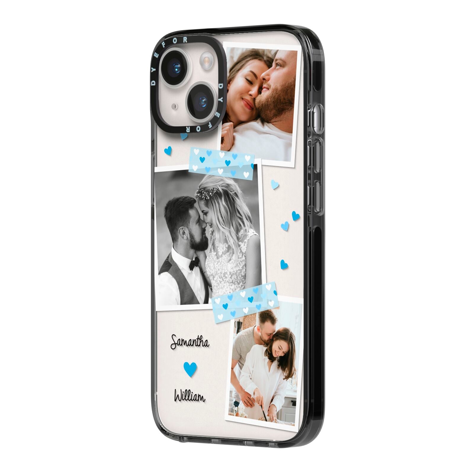 Wedding Snaps Collage with Blue Hearts and Name iPhone 14 Black Impact Case Side Angle on Silver phone