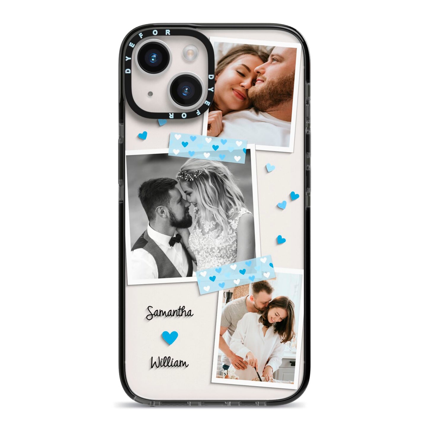 Wedding Snaps Collage with Blue Hearts and Name iPhone 14 Black Impact Case on Silver phone