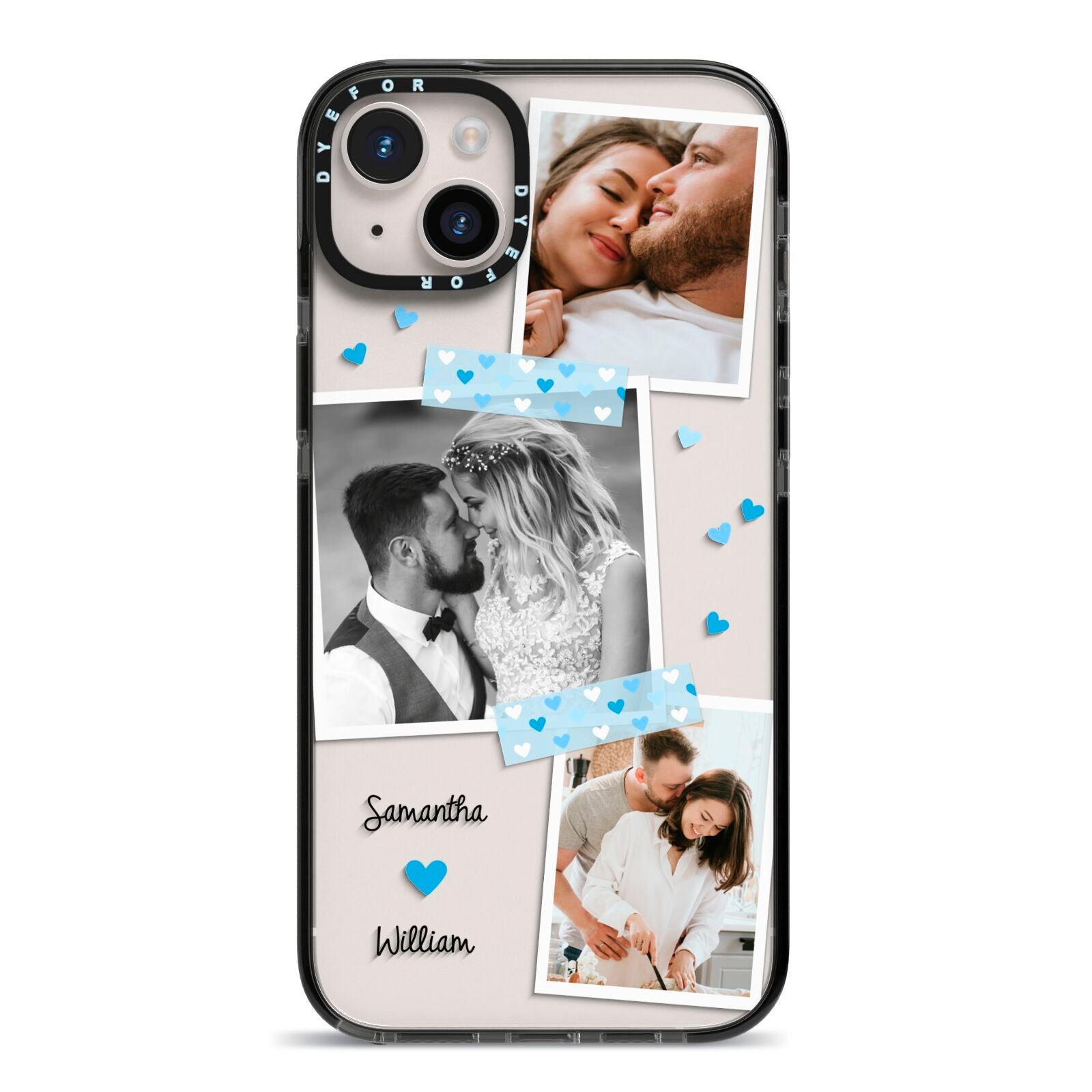 Wedding Snaps Collage with Blue Hearts and Name iPhone 14 Plus Black Impact Case on Silver phone