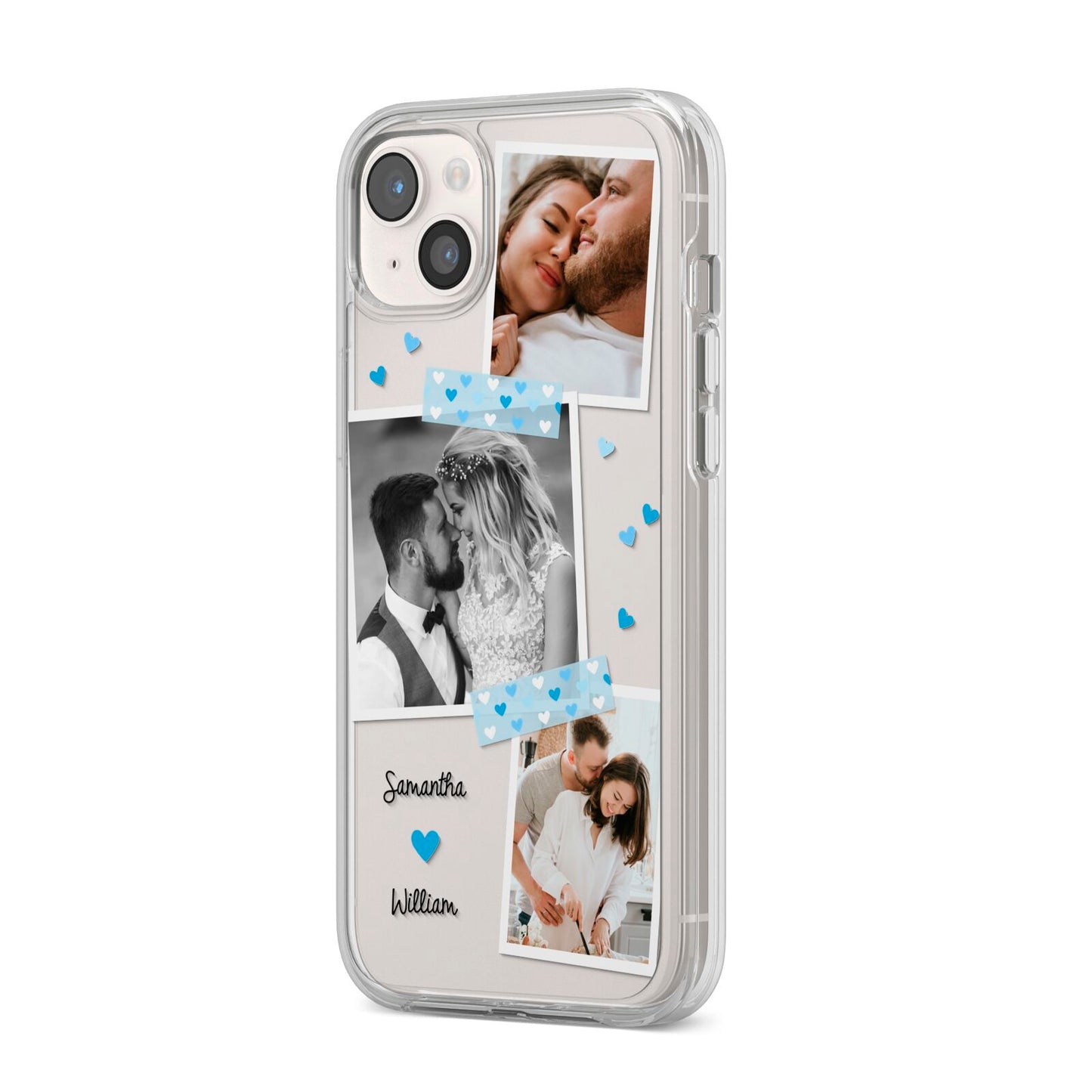 Wedding Snaps Collage with Blue Hearts and Name iPhone 14 Plus Clear Tough Case Starlight Angled Image