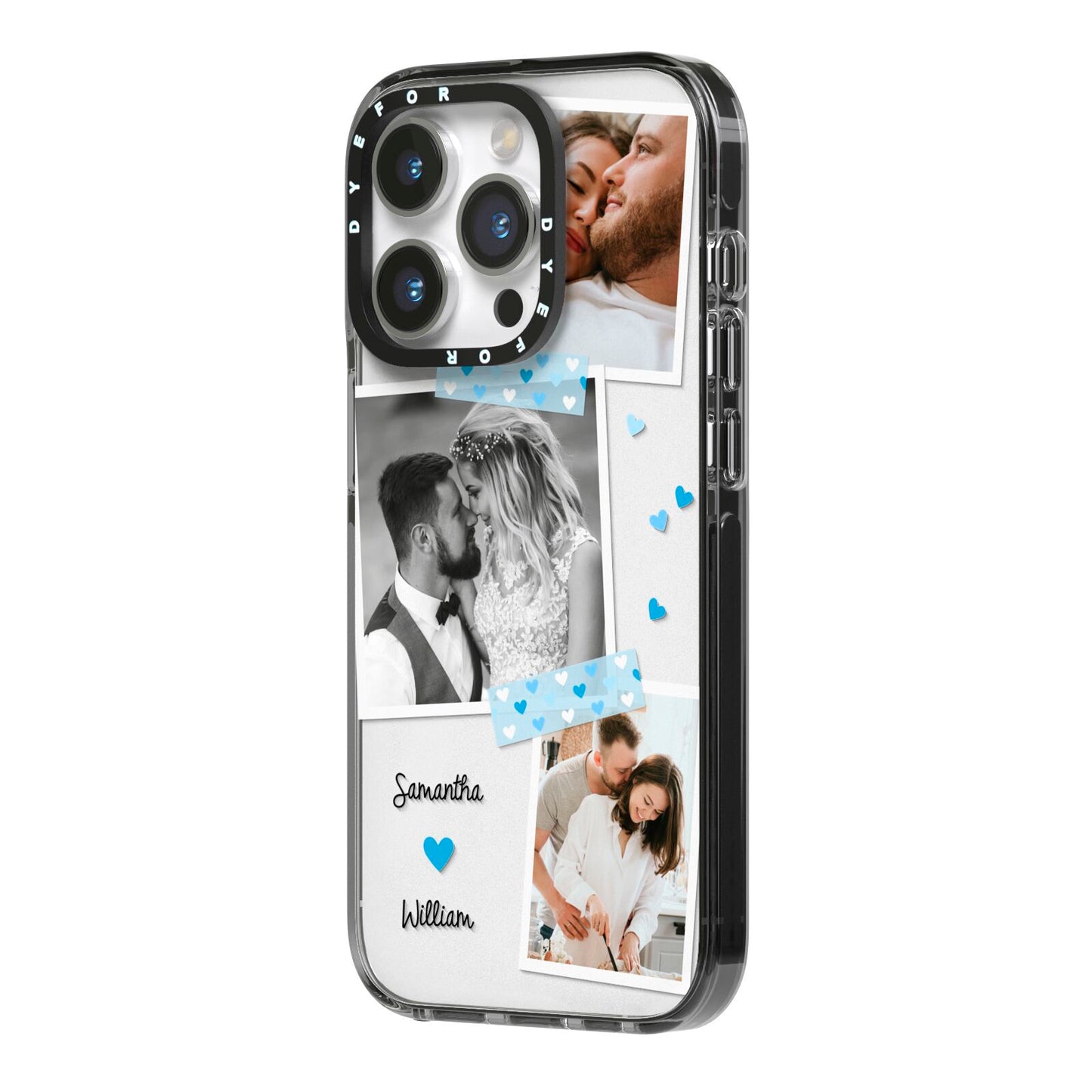 Wedding Snaps Collage with Blue Hearts and Name iPhone 14 Pro Black Impact Case Side Angle on Silver phone
