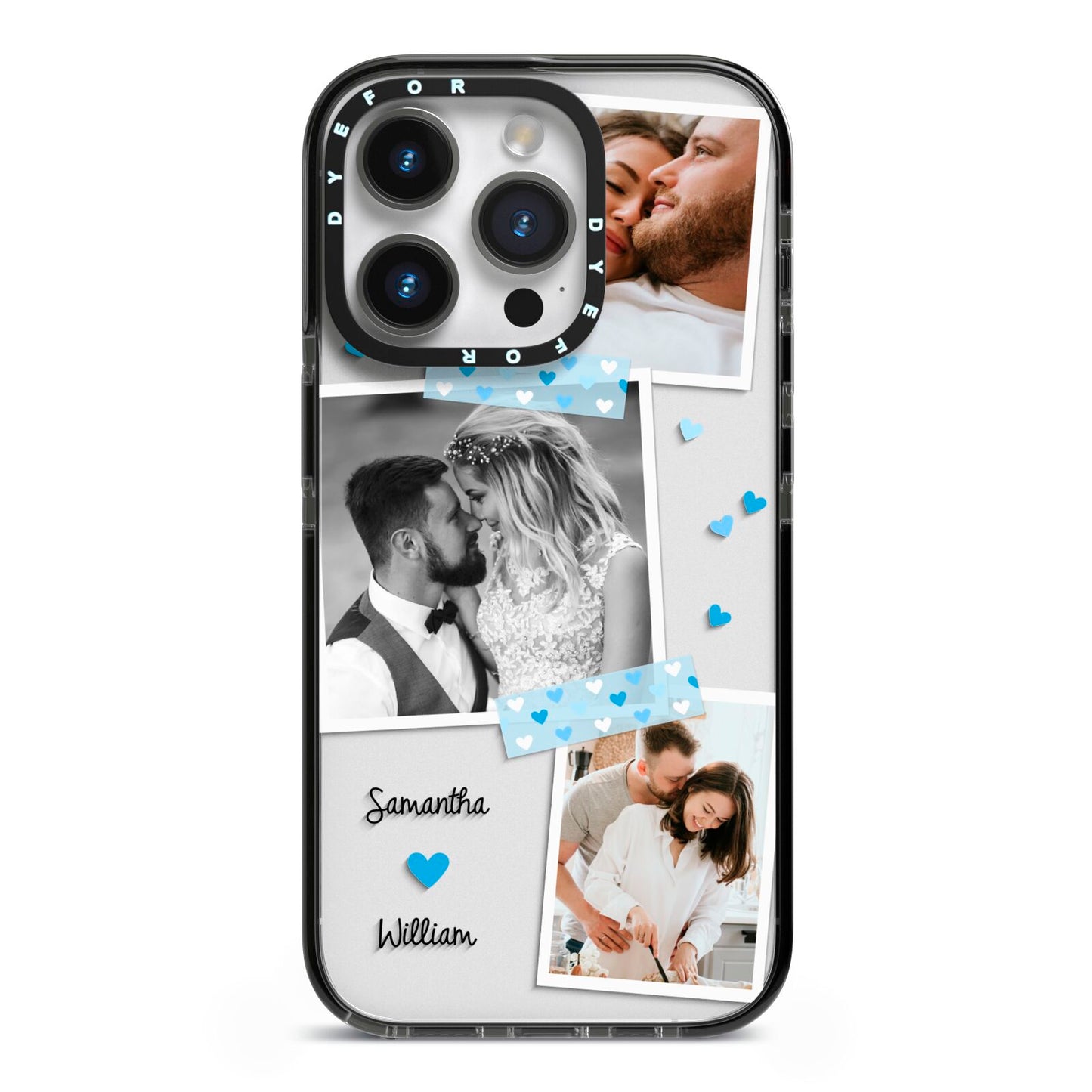 Wedding Snaps Collage with Blue Hearts and Name iPhone 14 Pro Black Impact Case on Silver phone