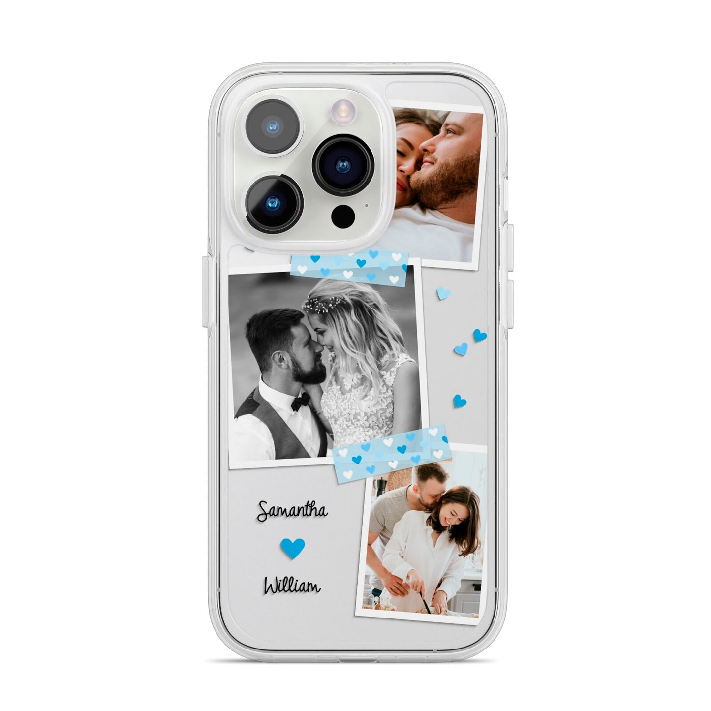 Wedding Snaps Collage with Blue Hearts and Name iPhone 14 Pro Clear Tough Case Silver
