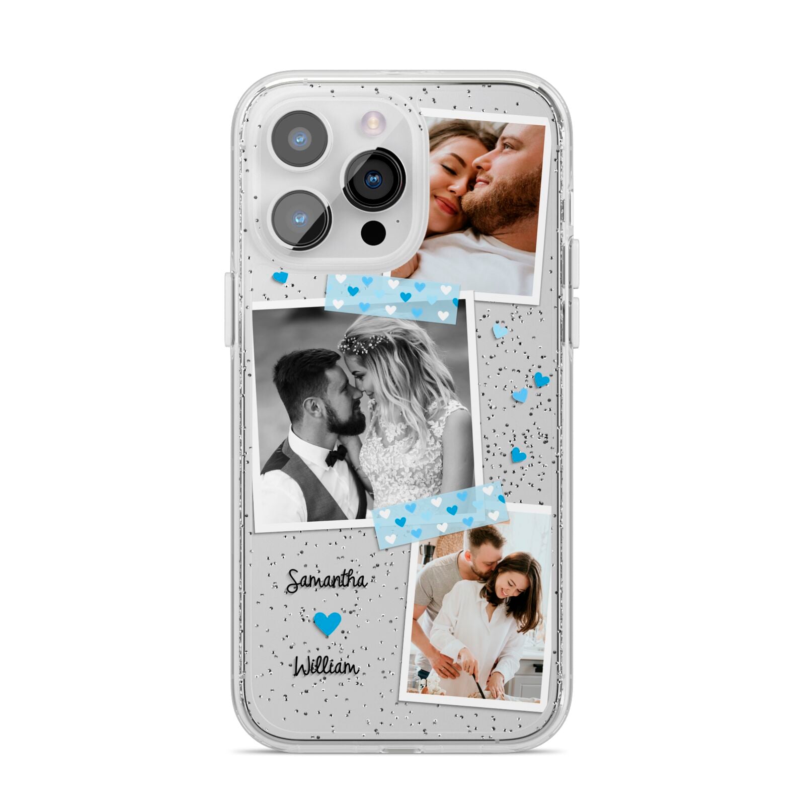 Wedding Snaps Collage with Blue Hearts and Name iPhone 14 Pro Max Glitter Tough Case Silver