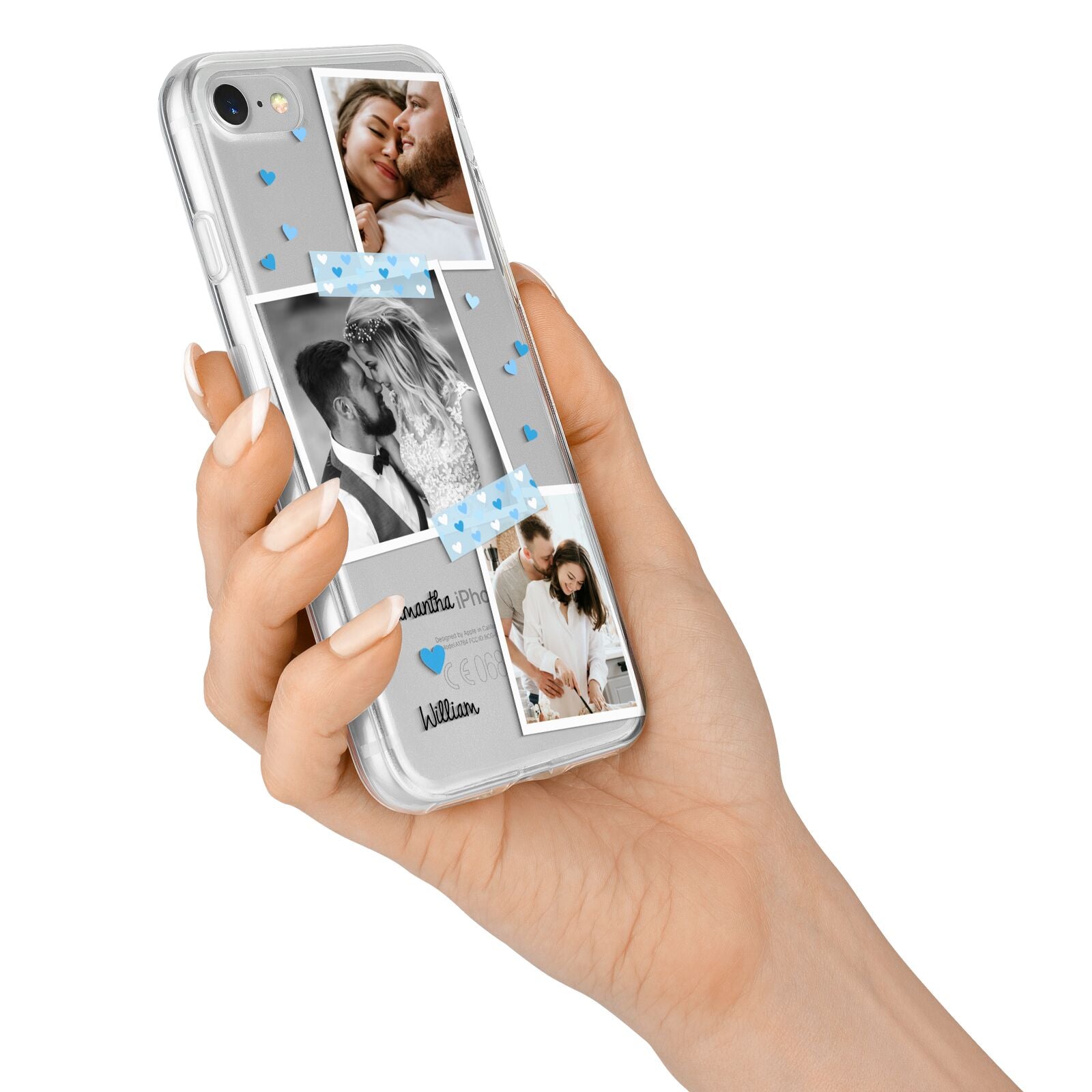 Wedding Snaps Collage with Blue Hearts and Name iPhone 7 Bumper Case on Silver iPhone Alternative Image