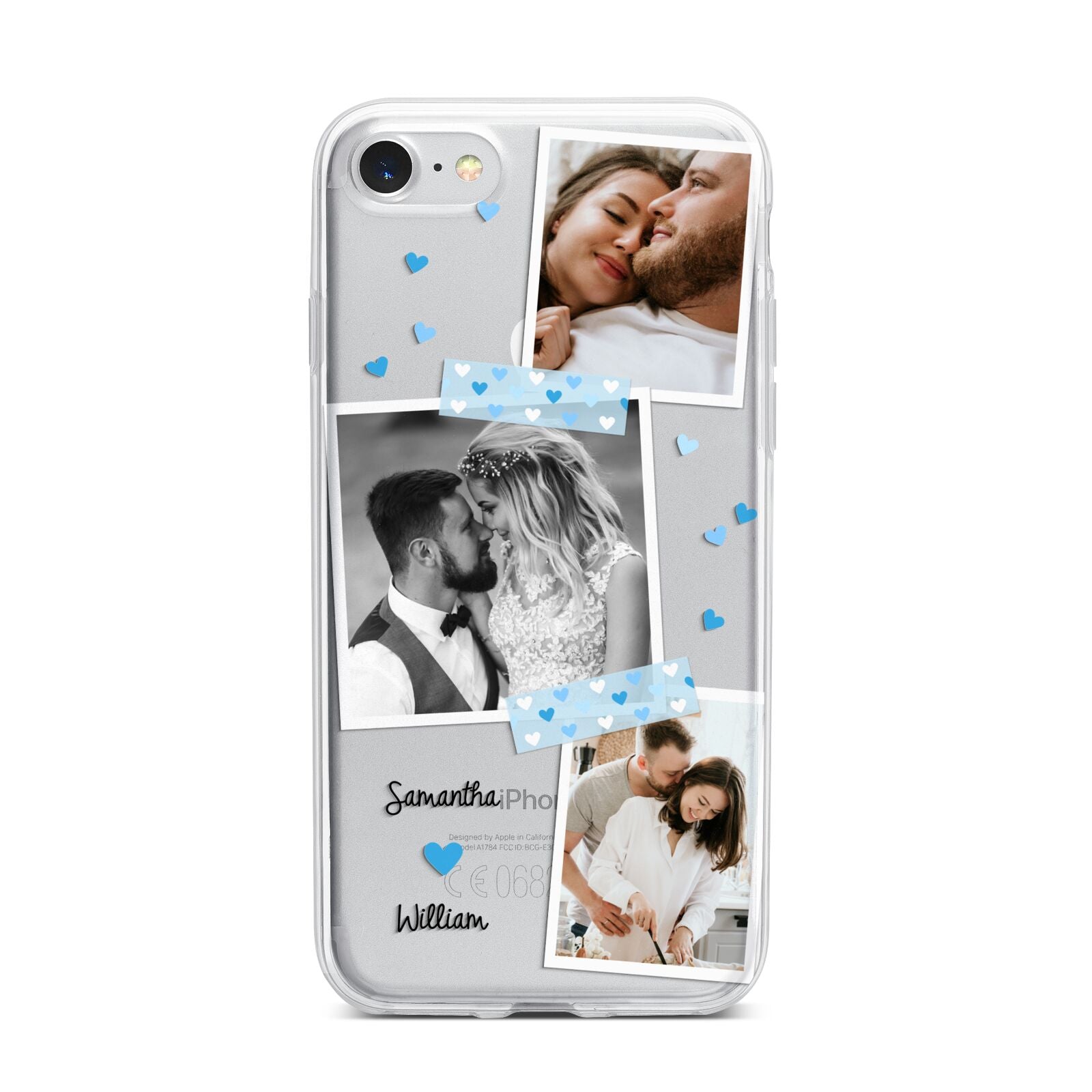 Wedding Snaps Collage with Blue Hearts and Name iPhone 7 Bumper Case on Silver iPhone