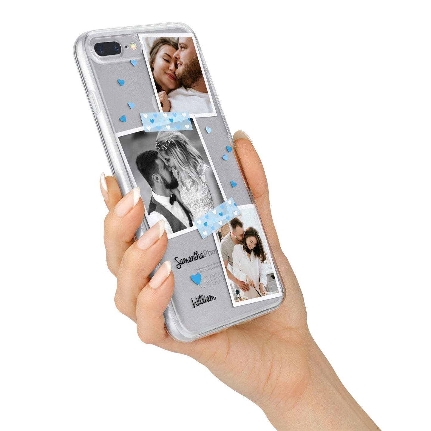 Wedding Snaps Collage with Blue Hearts and Name iPhone 7 Plus Bumper Case on Silver iPhone Alternative Image