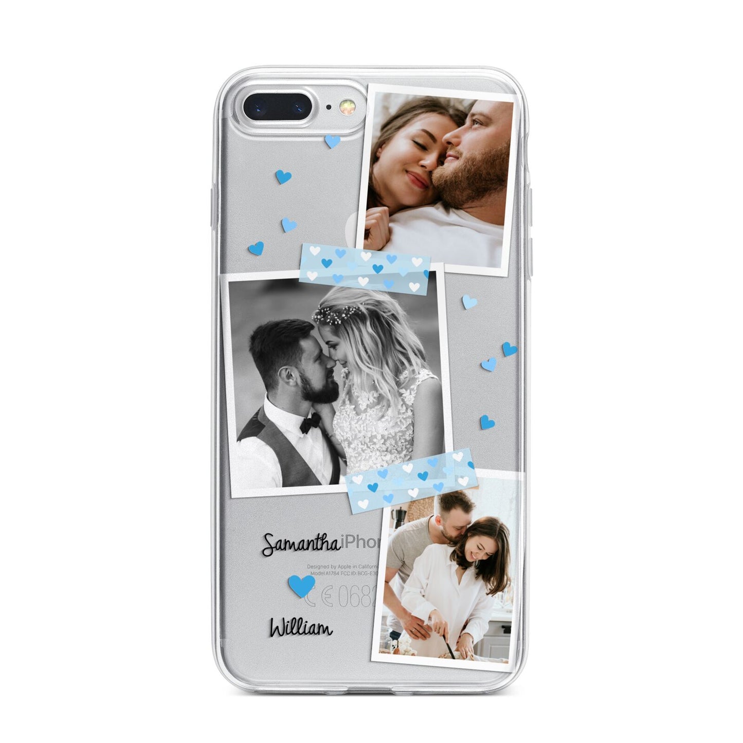 Wedding Snaps Collage with Blue Hearts and Name iPhone 7 Plus Bumper Case on Silver iPhone