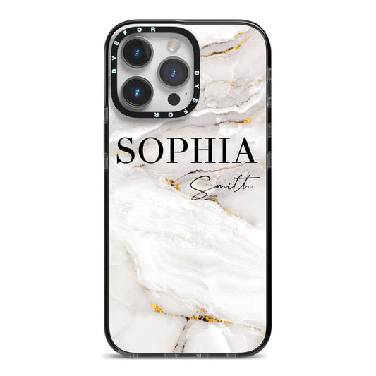 White And Gold Marble iPhone 14 Pro Max Black Impact Case on Silver phone