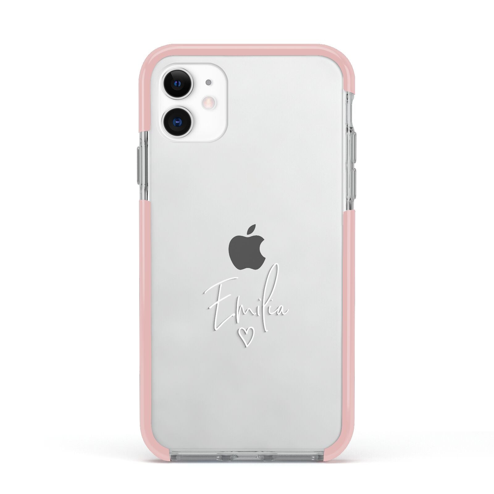 White Handwritten Name Transparent Apple iPhone 11 in White with Pink Impact Case