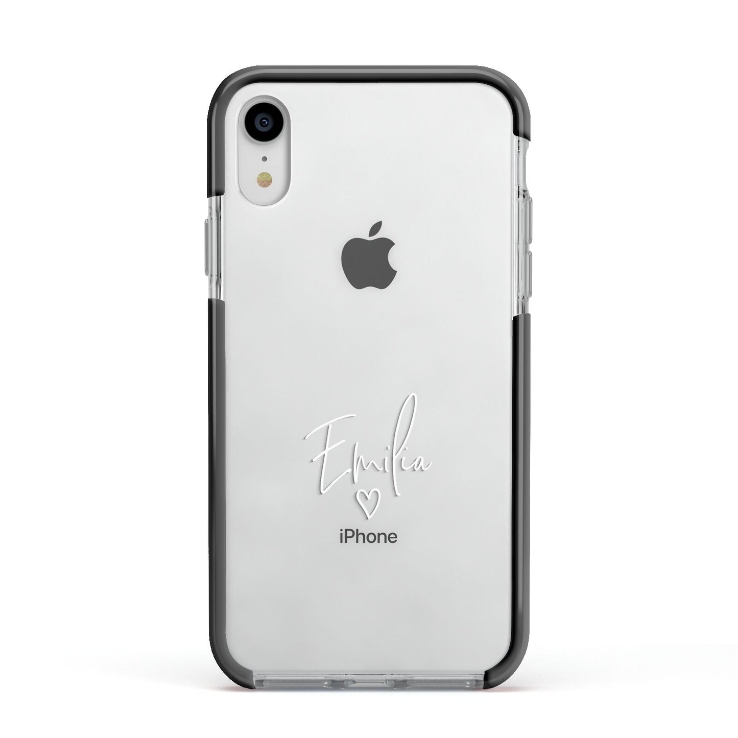 White Handwritten Name Transparent Apple iPhone XR Impact Case Black Edge on Silver Phone