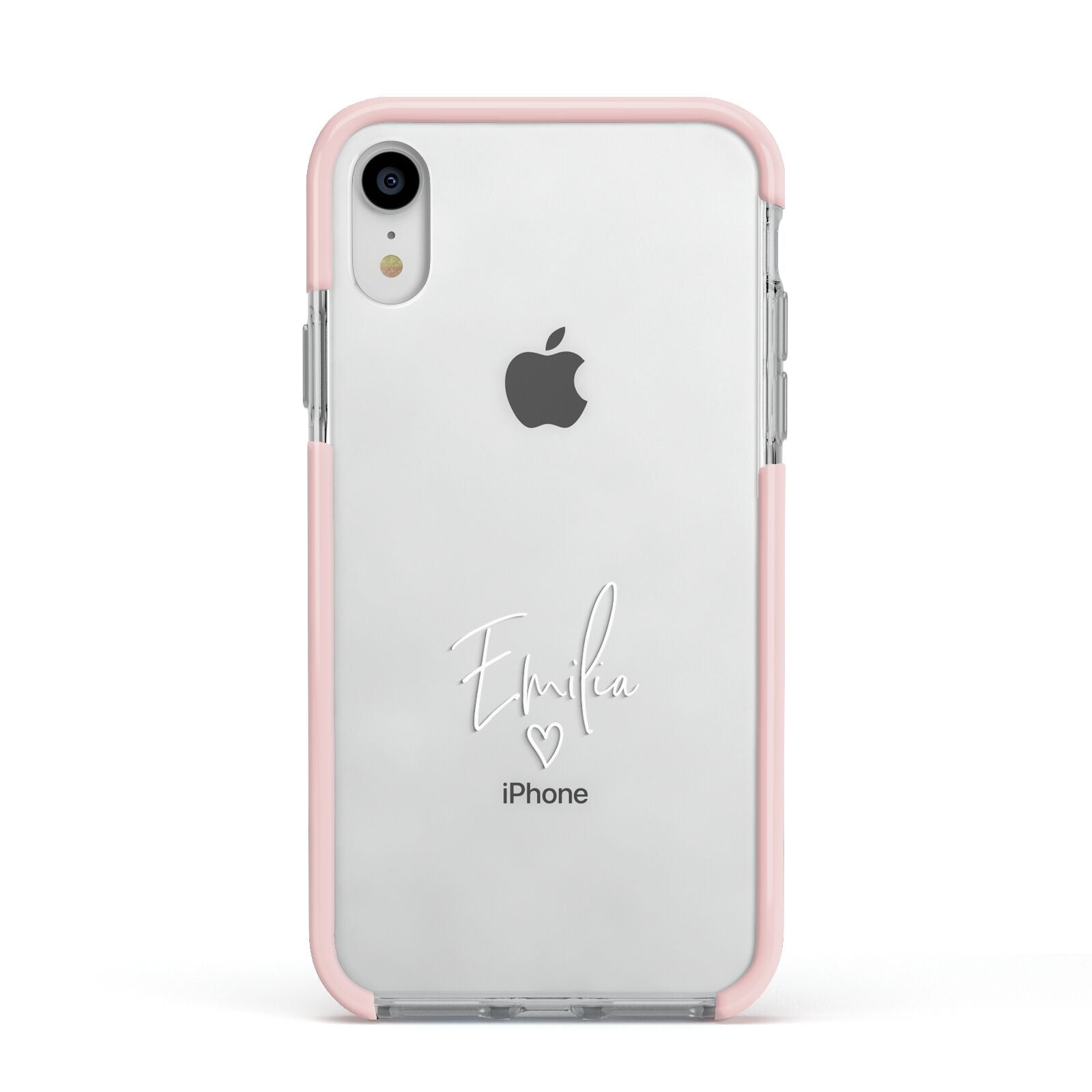 White Handwritten Name Transparent Apple iPhone XR Impact Case Pink Edge on Silver Phone