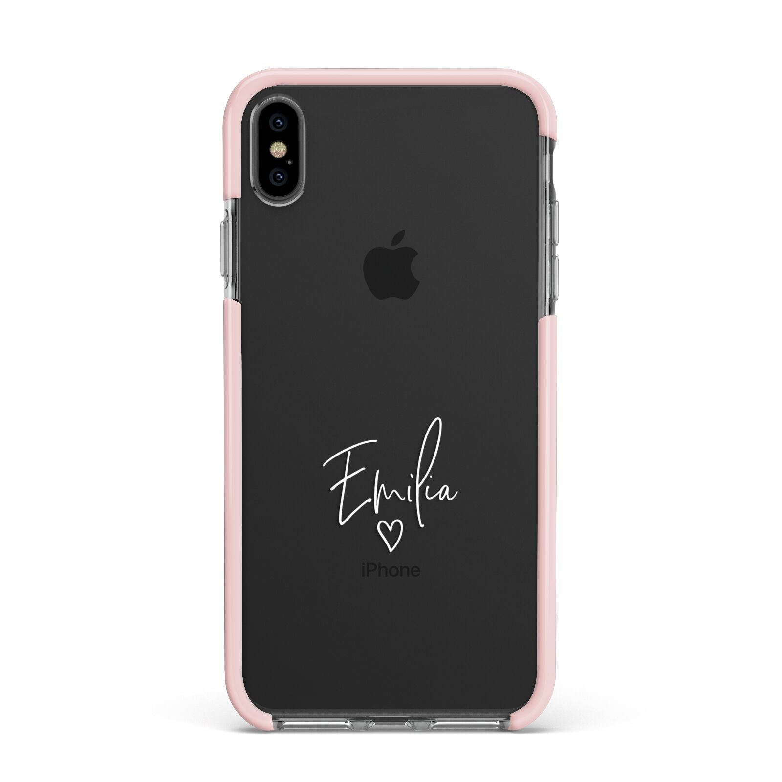 White Handwritten Name Transparent Apple iPhone Xs Max Impact Case Pink Edge on Black Phone