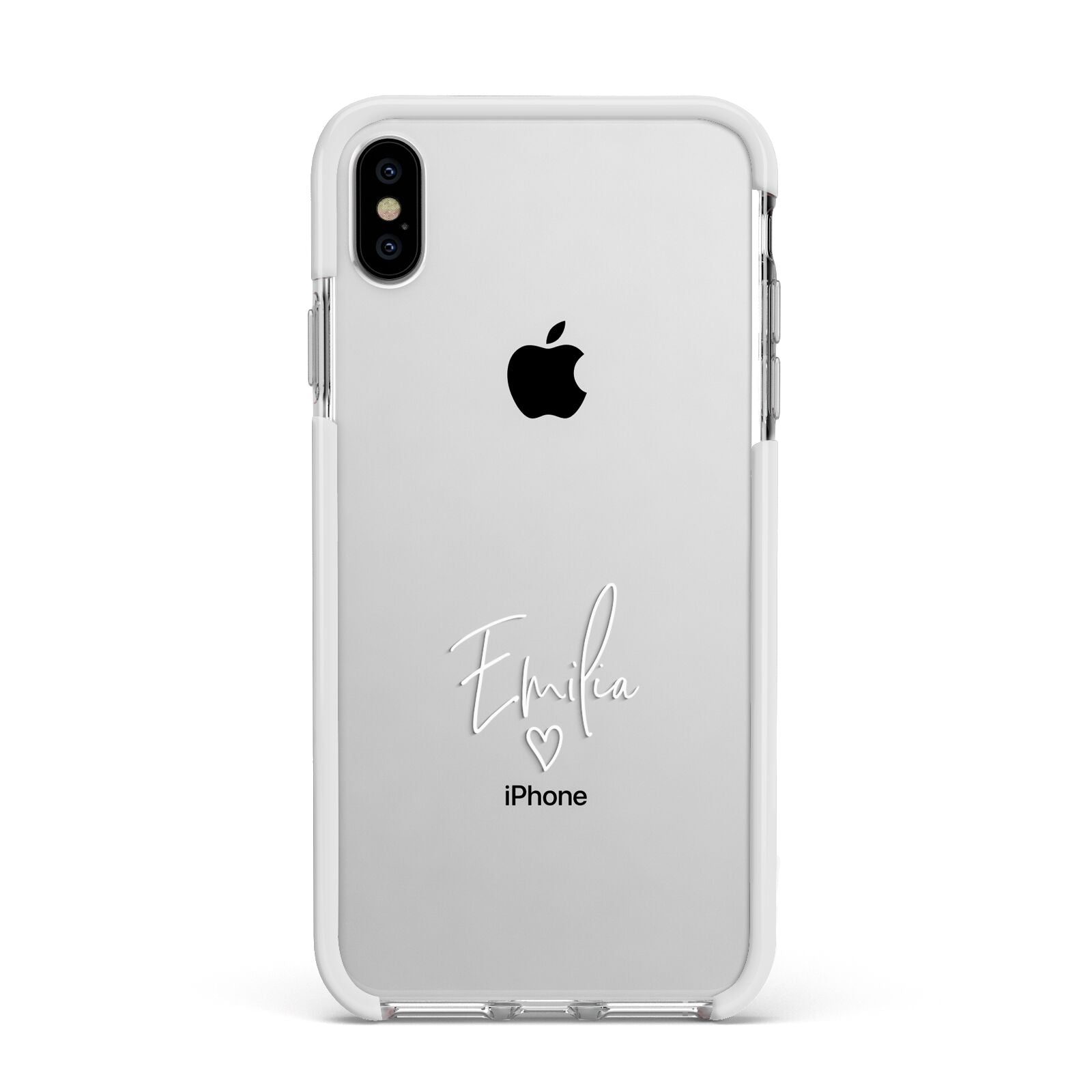 White Handwritten Name Transparent Apple iPhone Xs Max Impact Case White Edge on Silver Phone