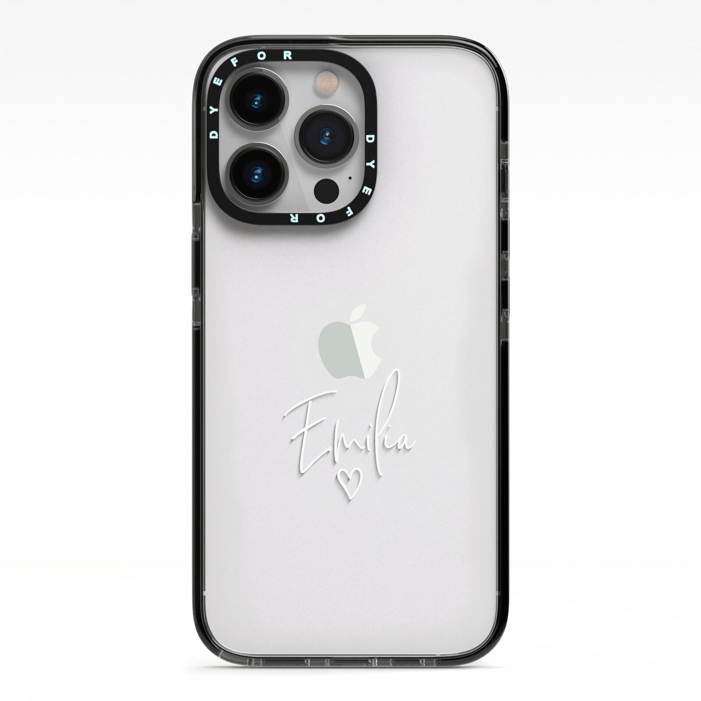 White Handwritten Name Transparent iPhone 13 Pro Black Impact Case on Silver phone