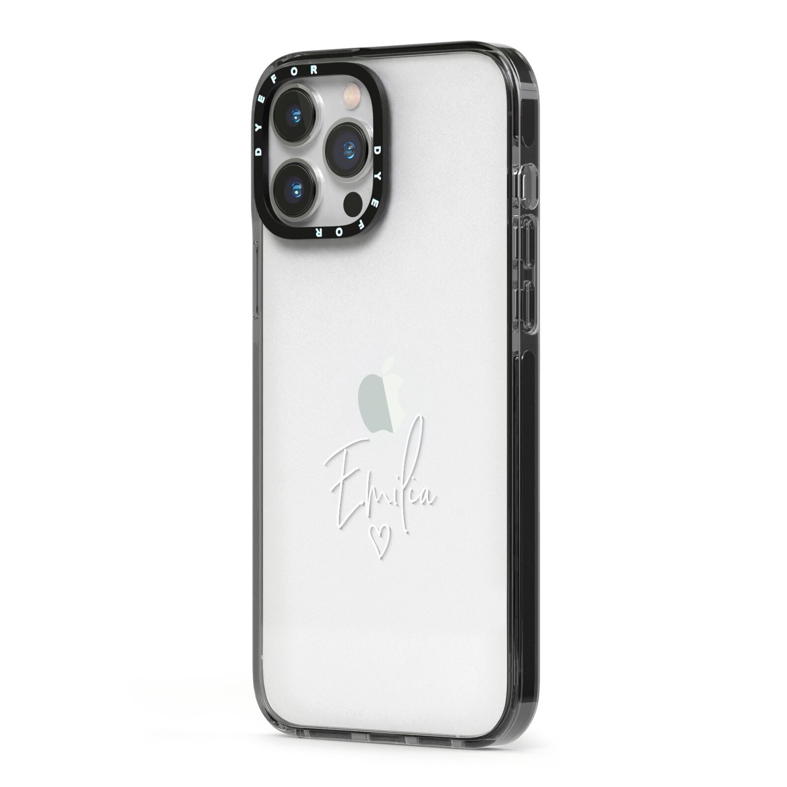 White Handwritten Name Transparent iPhone 13 Pro Max Black Impact Case Side Angle on Silver phone
