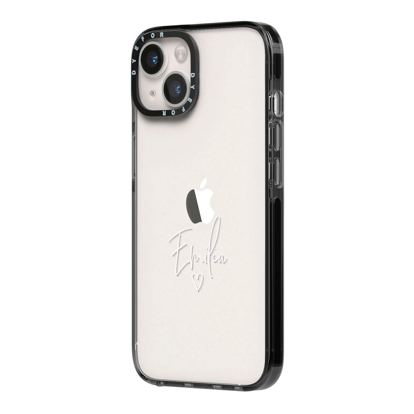 White Handwritten Name Transparent iPhone 14 Black Impact Case Side Angle on Silver phone