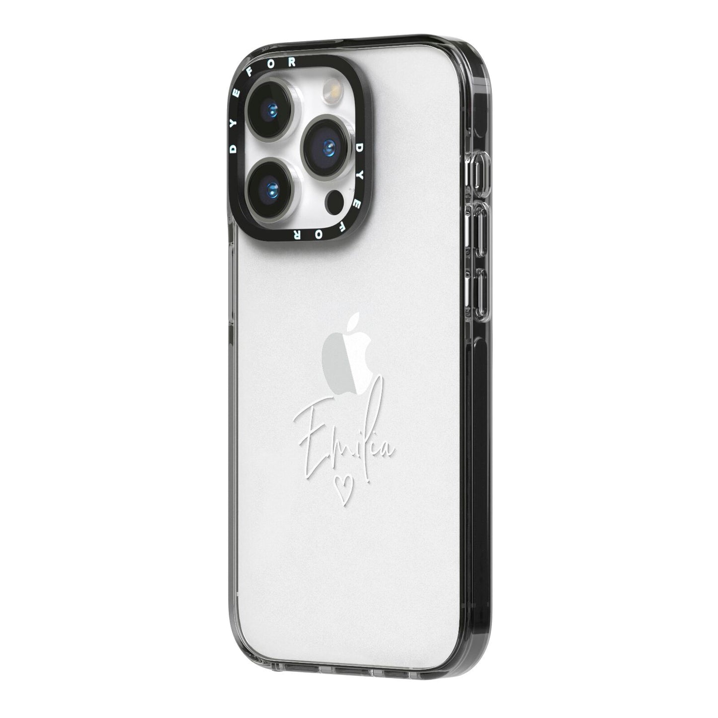 White Handwritten Name Transparent iPhone 14 Pro Black Impact Case Side Angle on Silver phone
