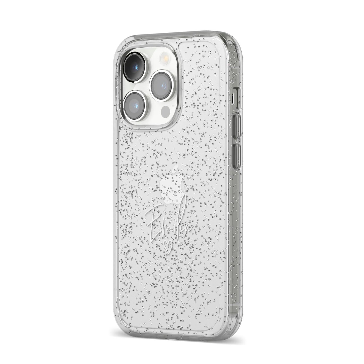 White Handwritten Name Transparent iPhone 14 Pro Glitter Tough Case Silver Angled Image