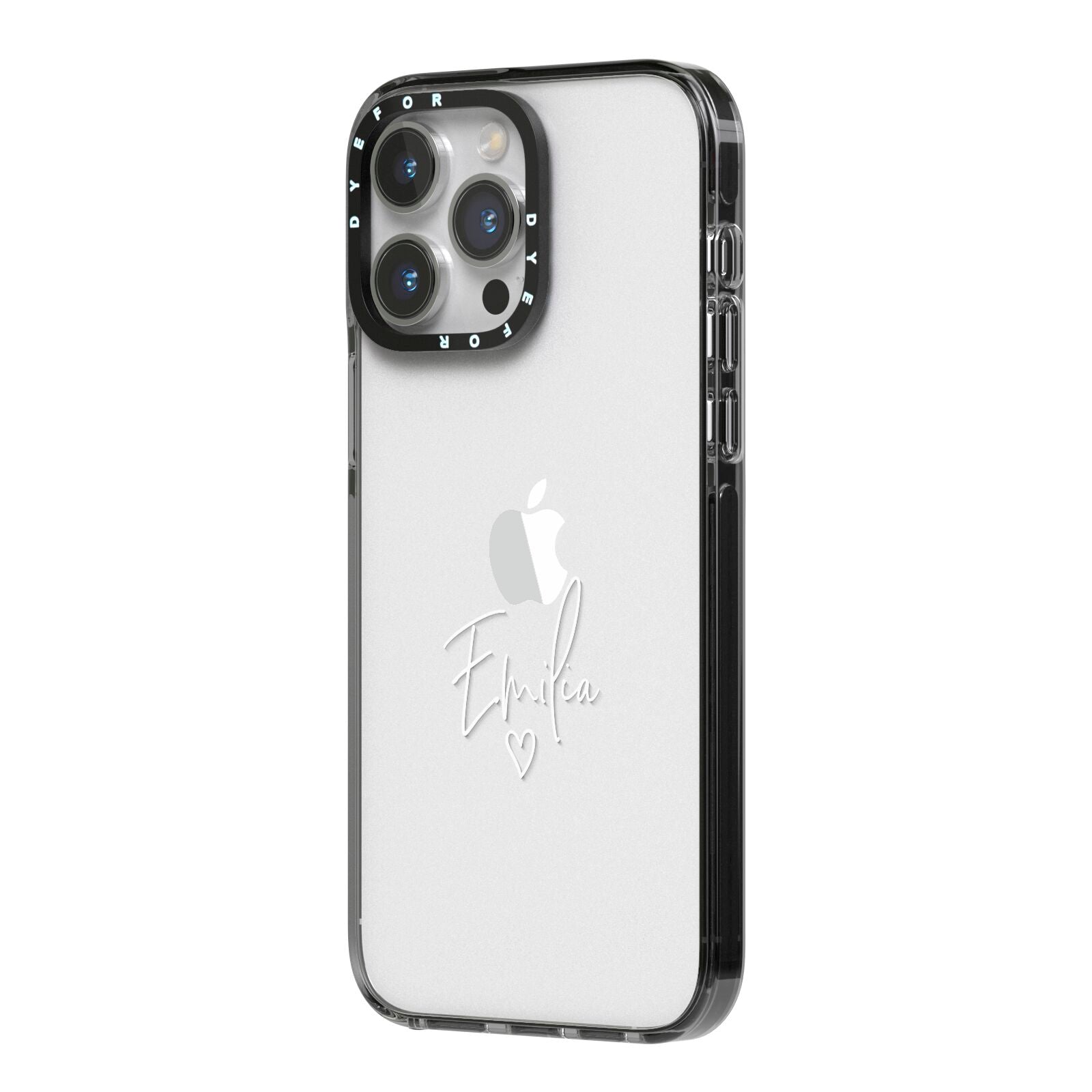 White Handwritten Name Transparent iPhone 14 Pro Max Black Impact Case Side Angle on Silver phone