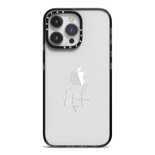 White Handwritten Name Transparent iPhone 14 Pro Max Black Impact Case on Silver phone