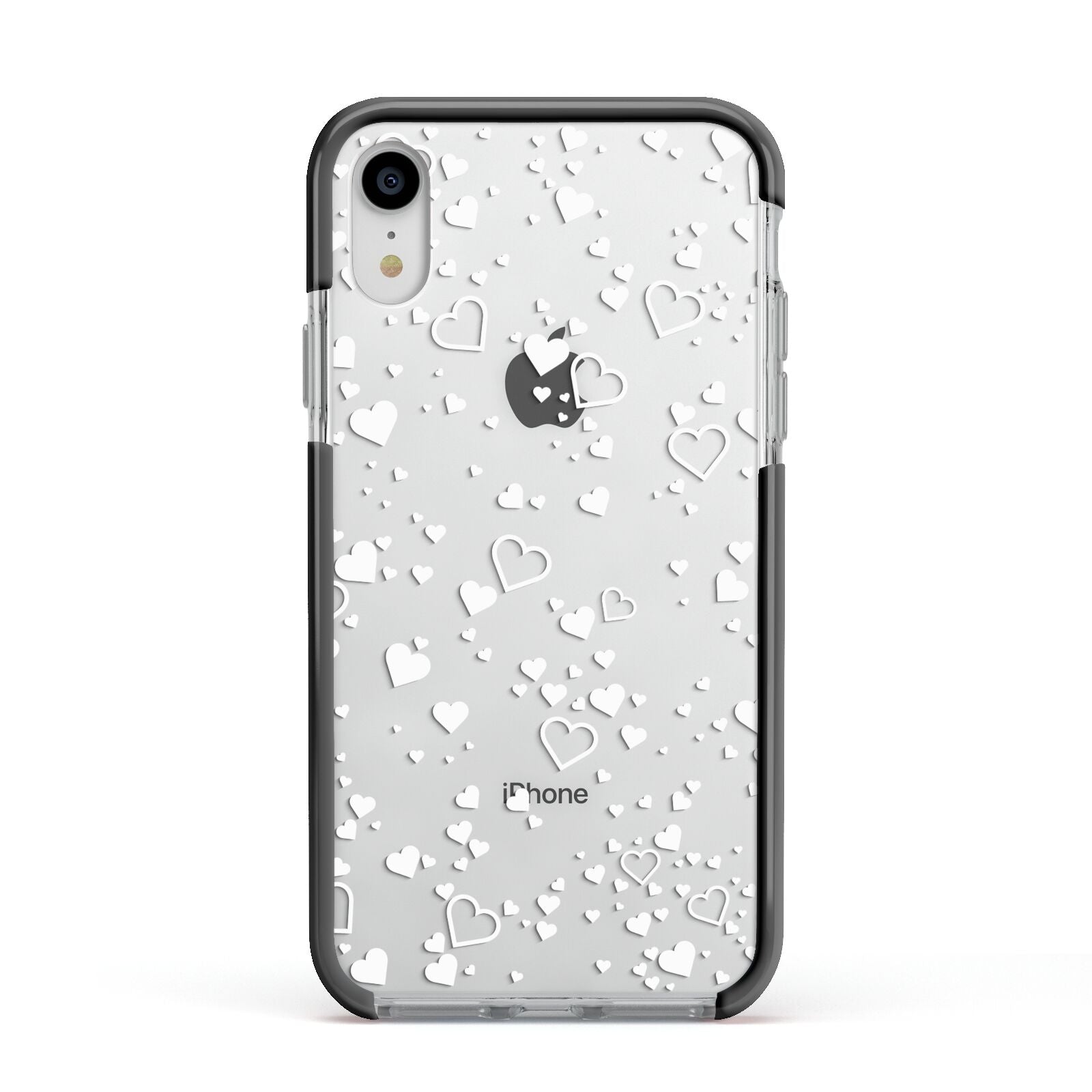 White Heart Apple iPhone XR Impact Case Black Edge on Silver Phone