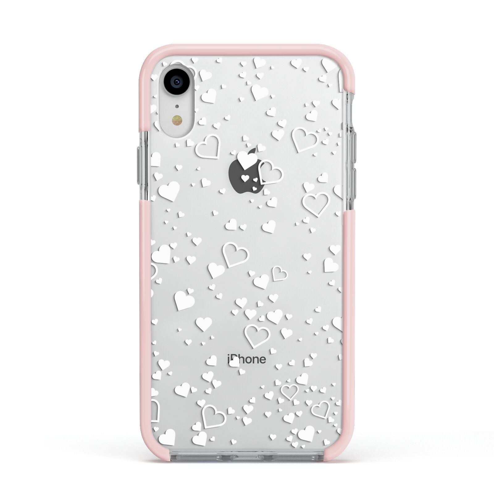 White Heart Apple iPhone XR Impact Case Pink Edge on Silver Phone